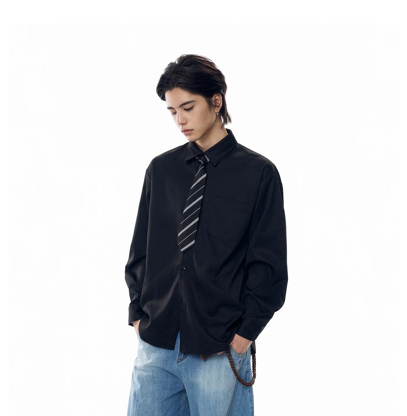 Boxy Long Sleeve Button-Up Shirt with Detachable Tie