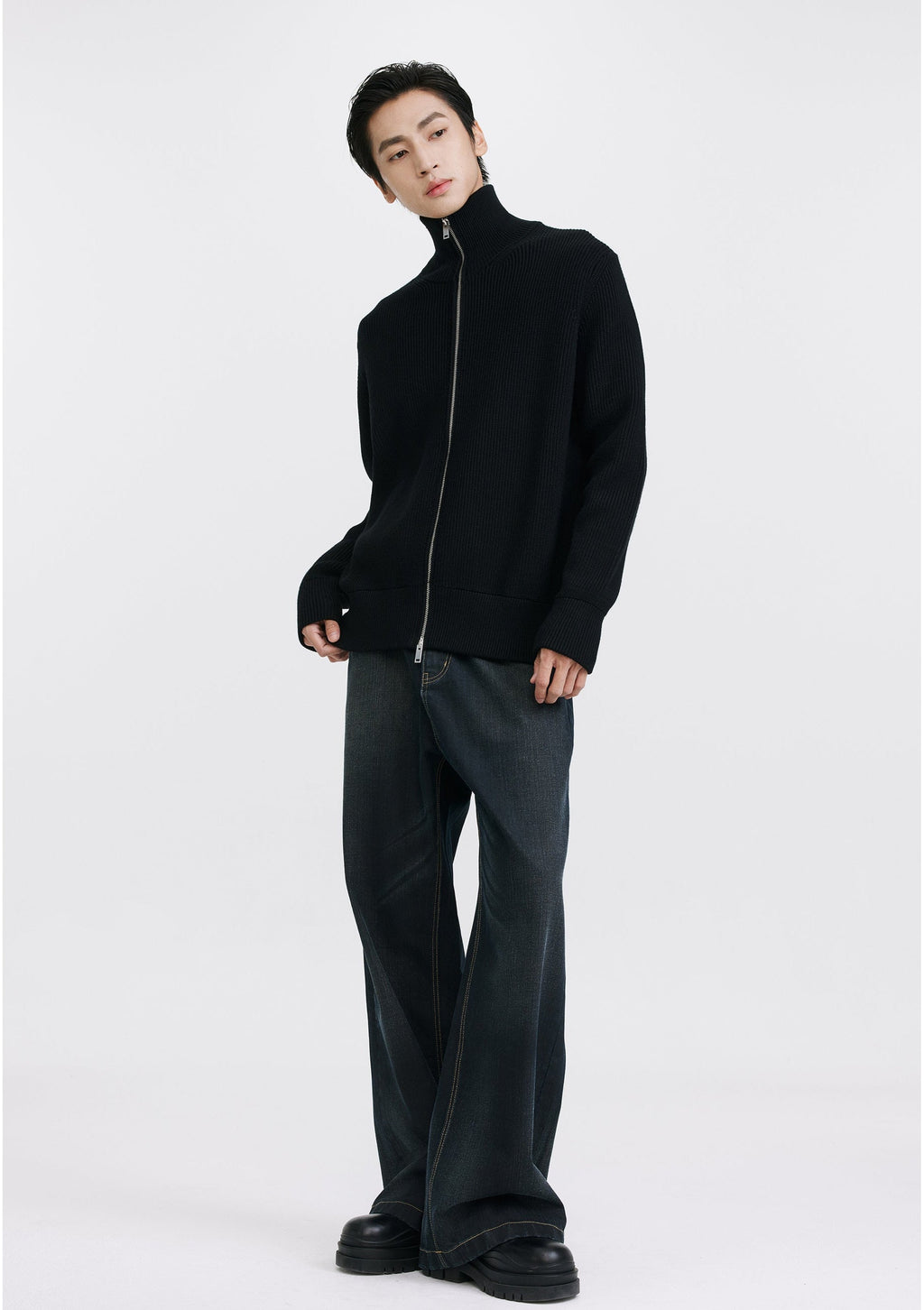 Ribbed Knit Double Zip Jacket with Stand Collar