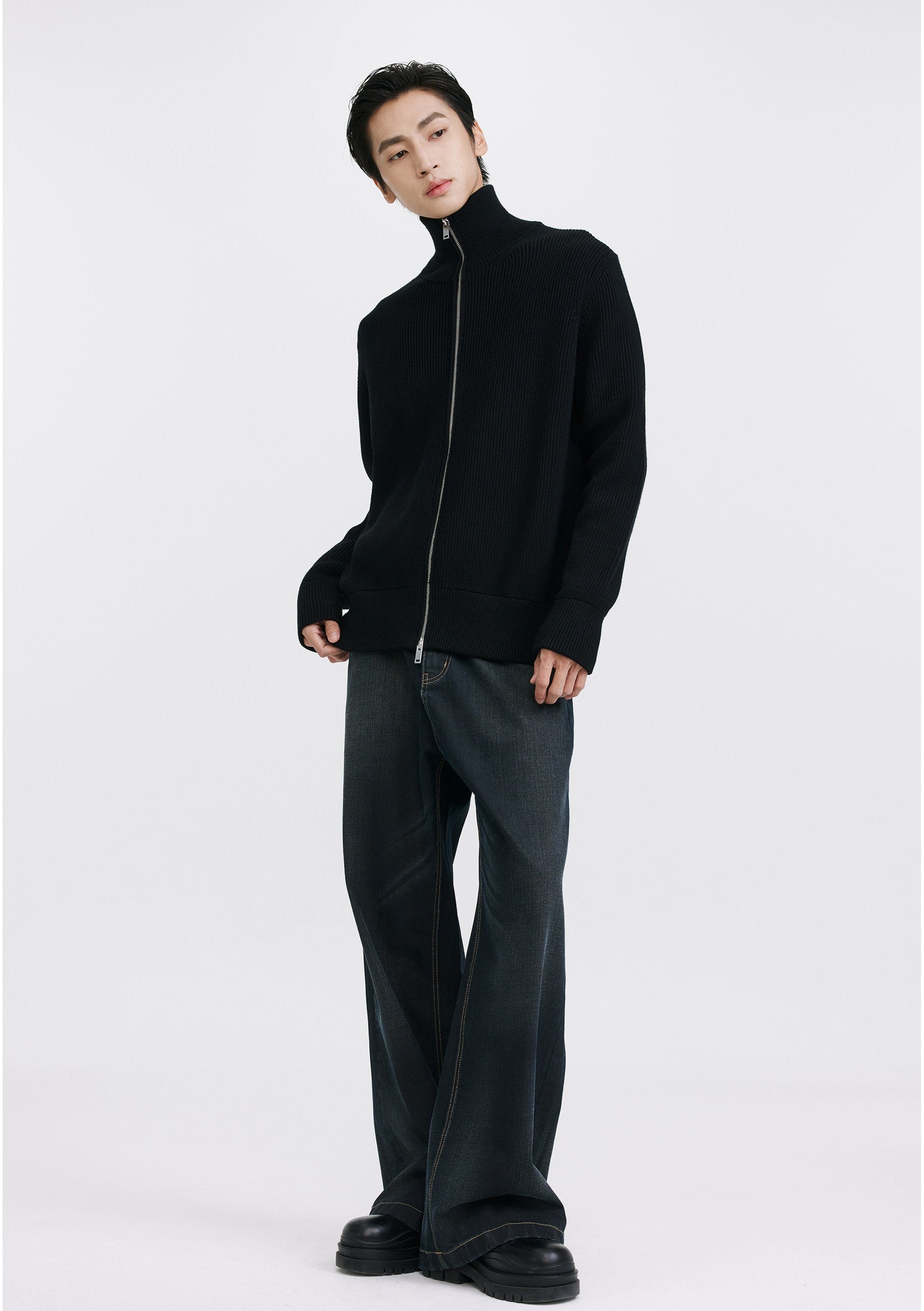 Ribbed Knit Double Zip Jacket with Stand Collar