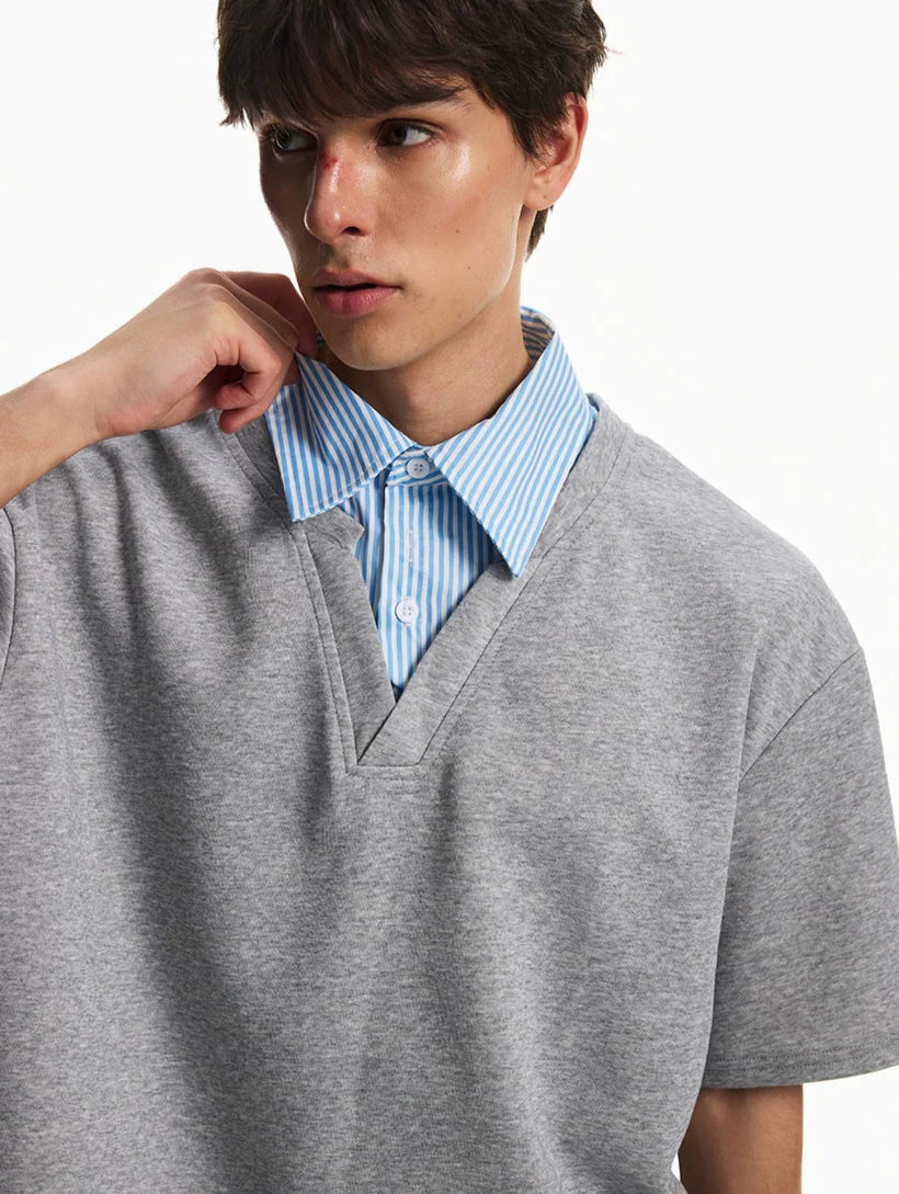 Mock Layered Contrast Collar Short Sleeve Shirt