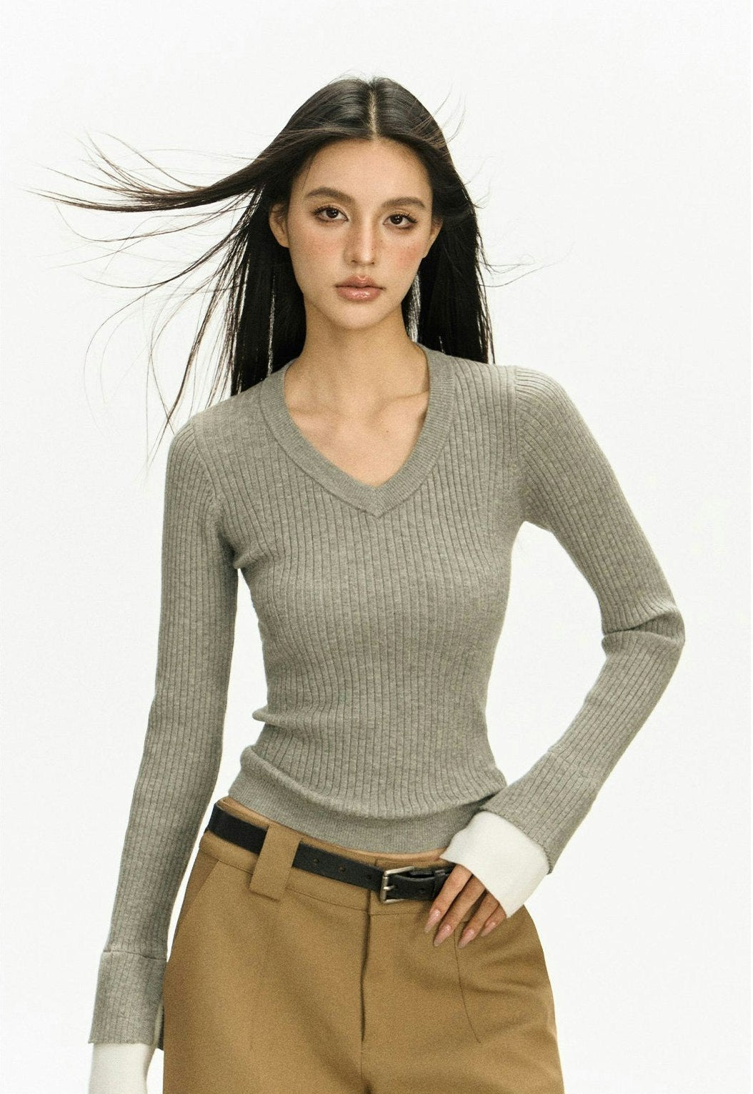 Ribbed V-Neck Two Tone Long Sleeve Knit Top