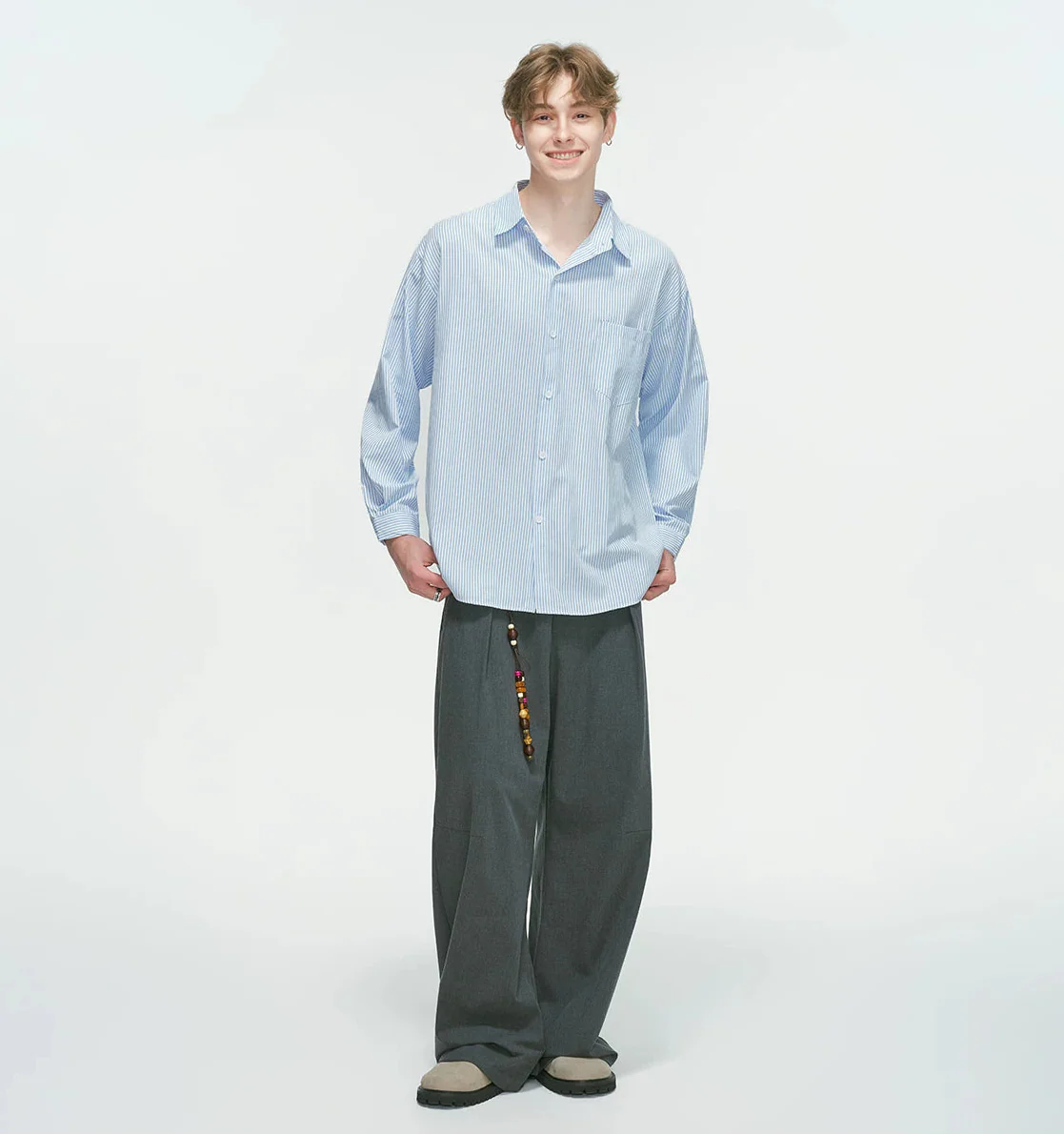 Drop Shoulder Pinstripe Long Sleeve Button-Up Shirt