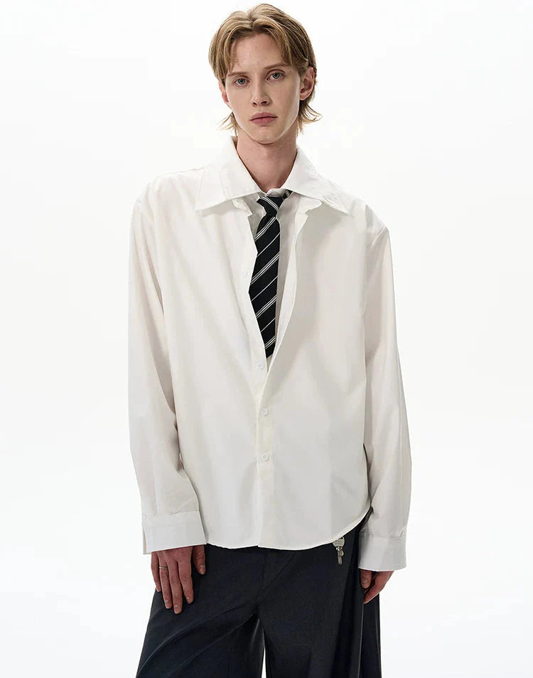 Spread Collar Faux Two-Piece Button-Up Shirt with Tie