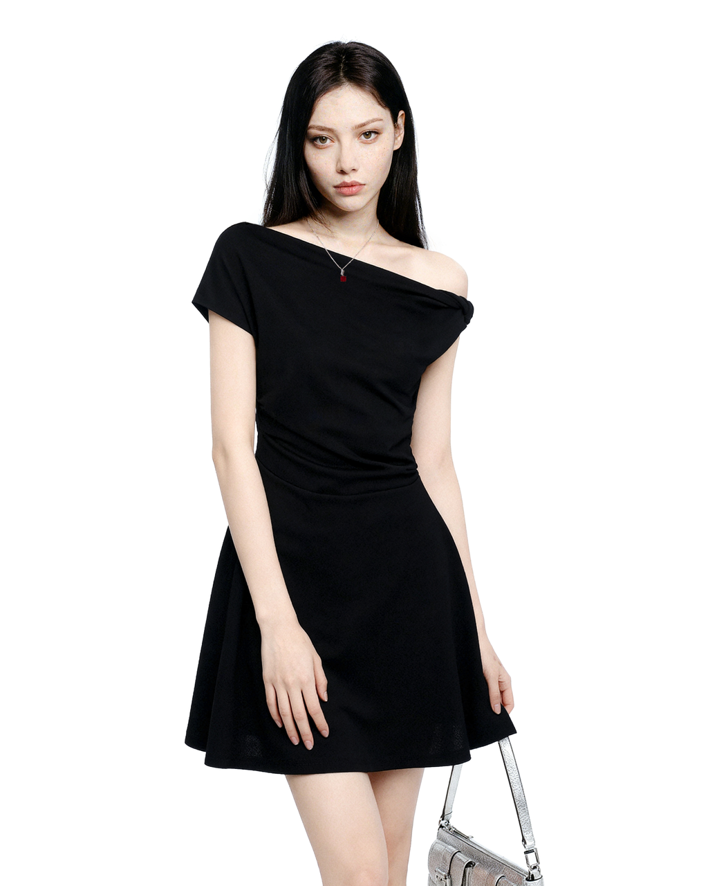 Asymmetric Off Shoulder Short Sleeve Flared Hem Mini Dress