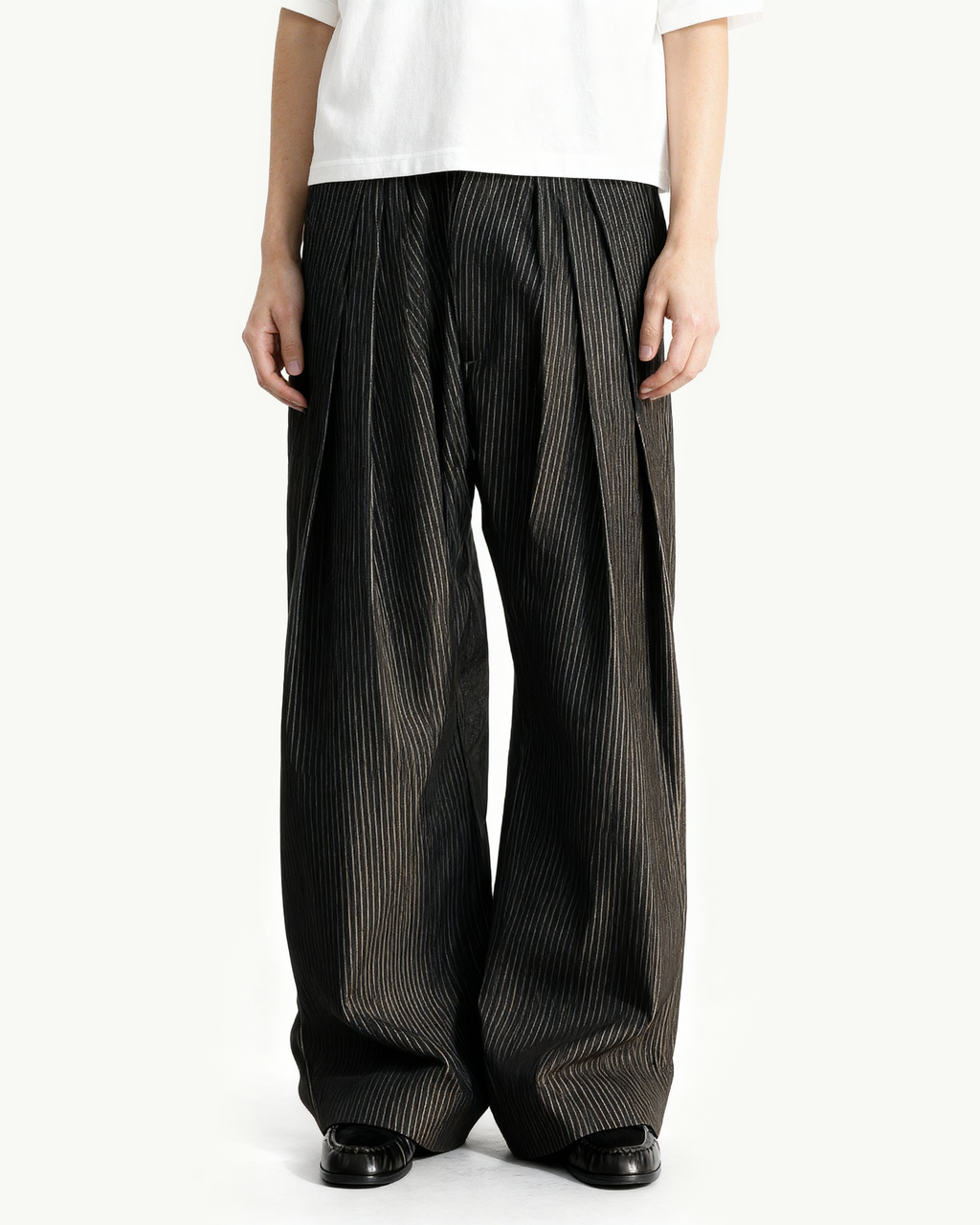 Pinstripe Wide Leg Semi-Flare Multi Pleated Pants