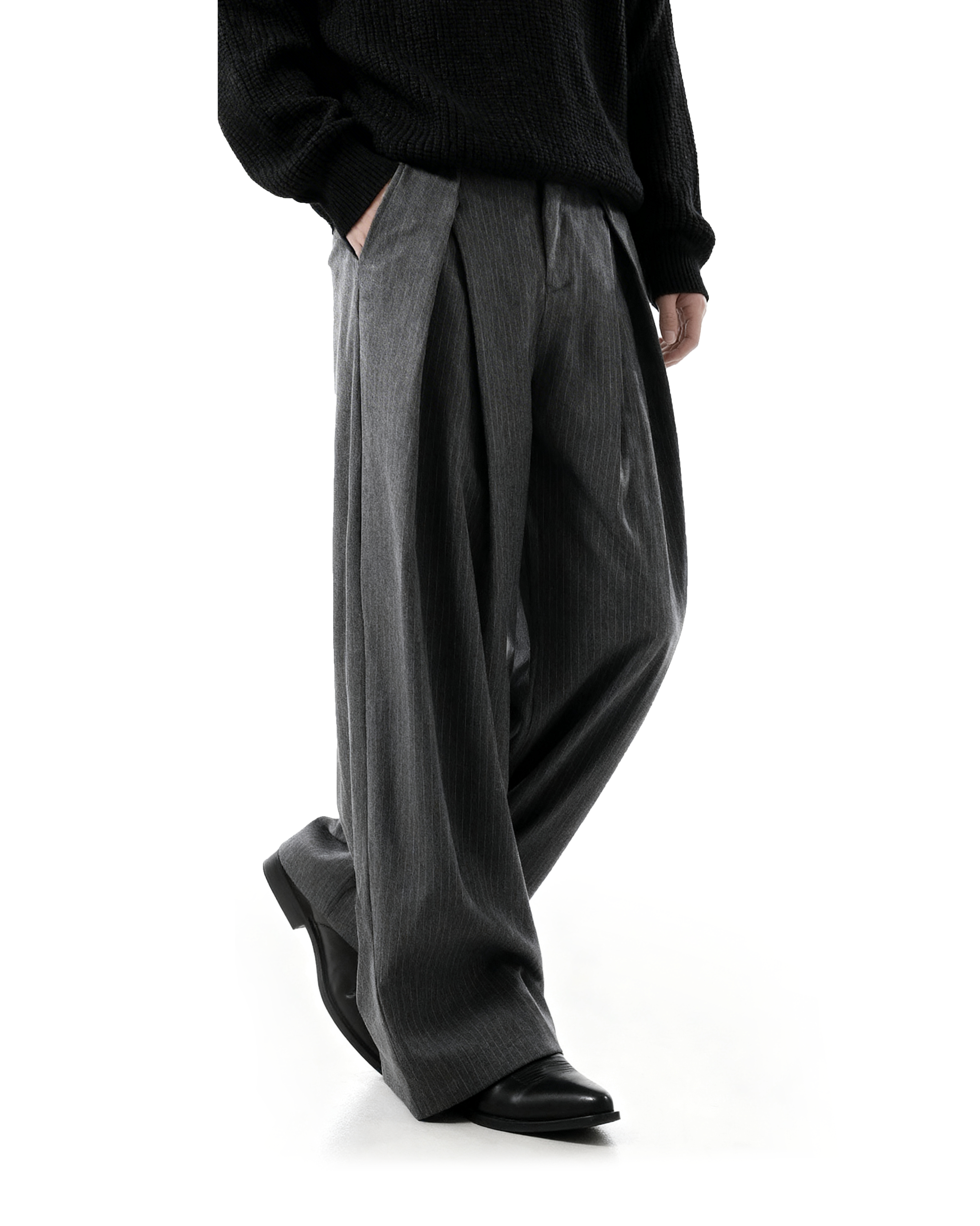 Overlap Pleated Pinstripe Wide-Leg Trousers