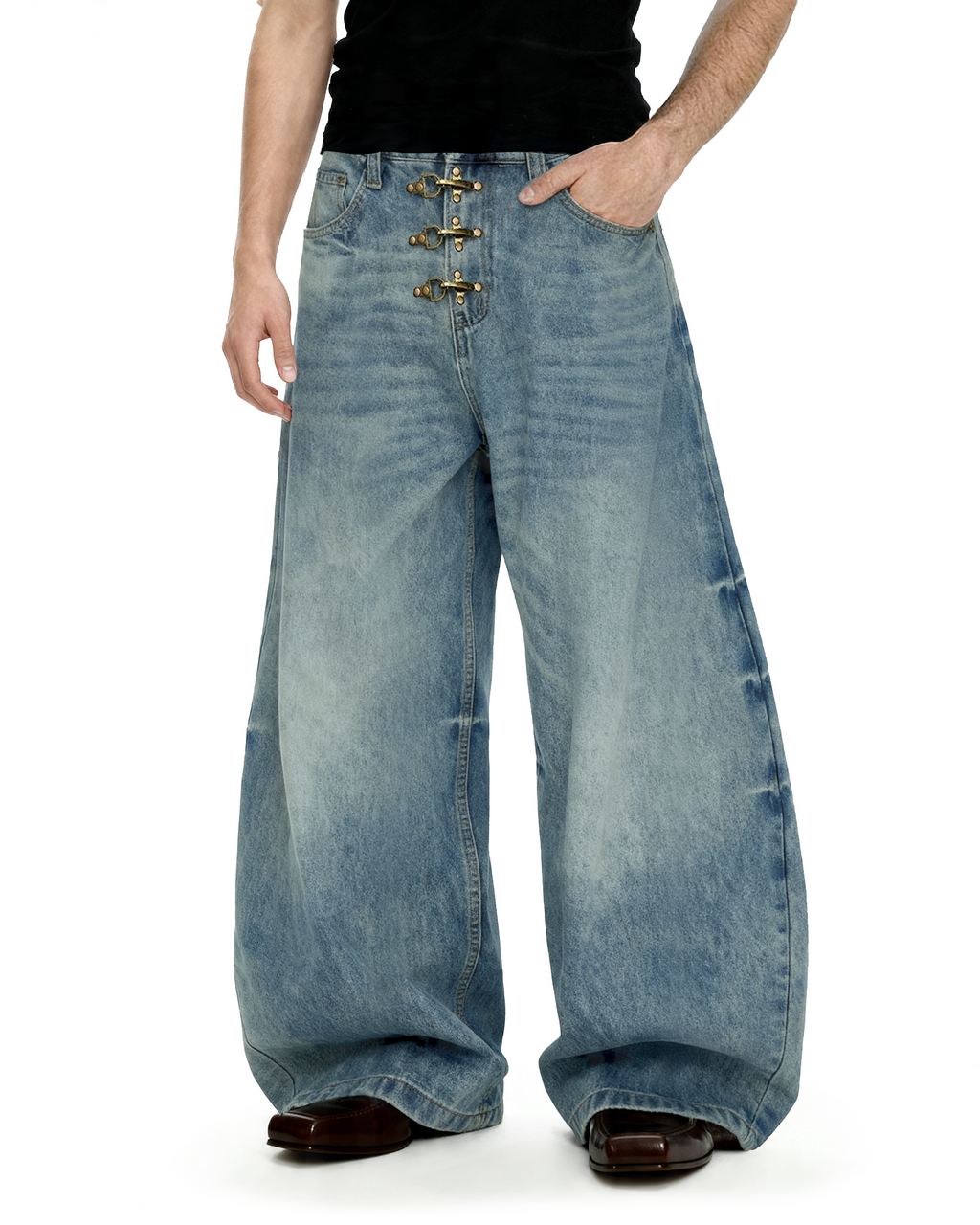 Fireman Buckle Crotch Wide Leg Vintage Wash Denim Jeans