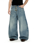 Fireman Buckle Crotch Wide Leg Vintage Wash Denim Jeans