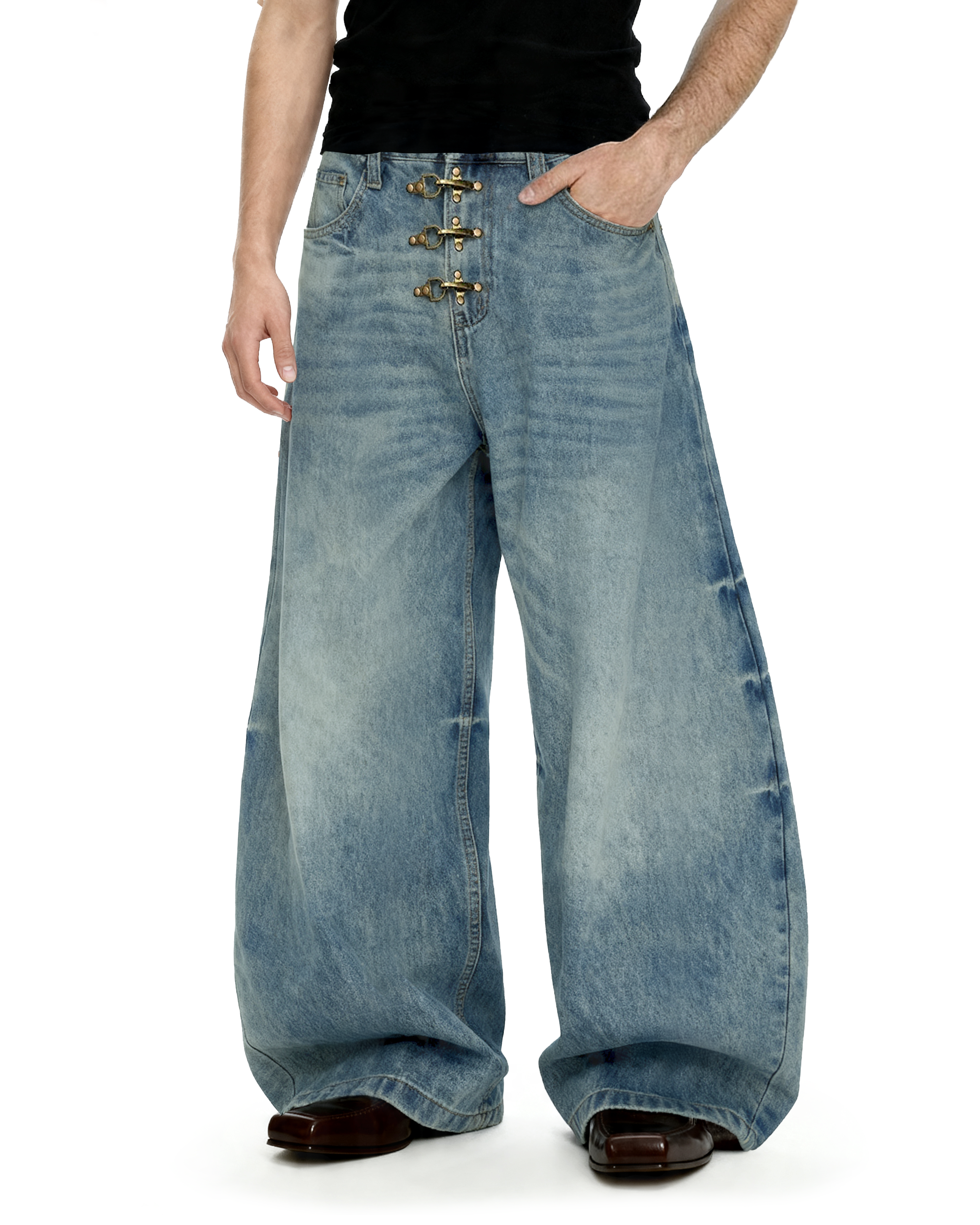 Fireman Buckle Crotch Wide Leg Vintage Wash Denim Jeans