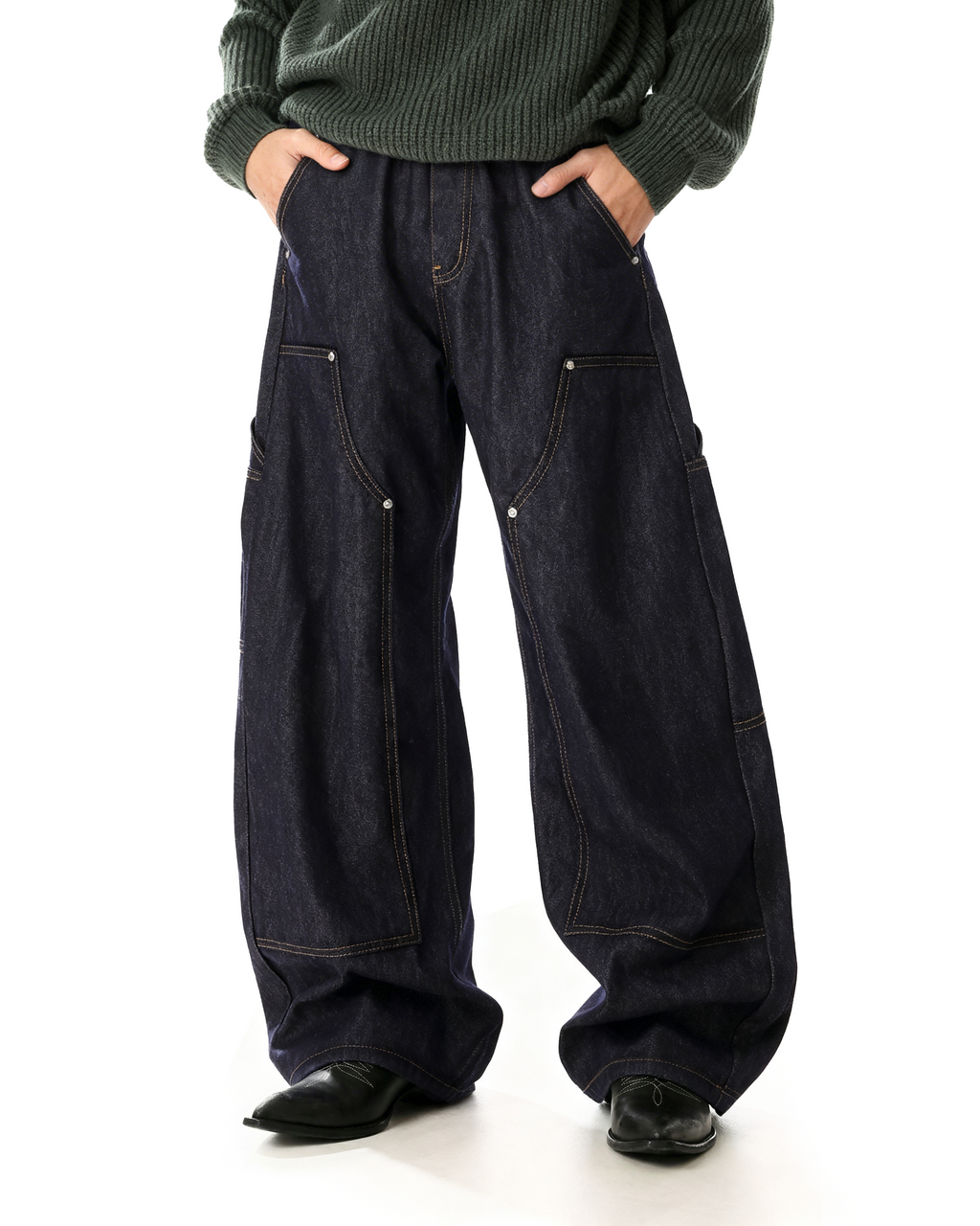 Rivet Detail Wide Leg Contrast Stitch Utility Jeans