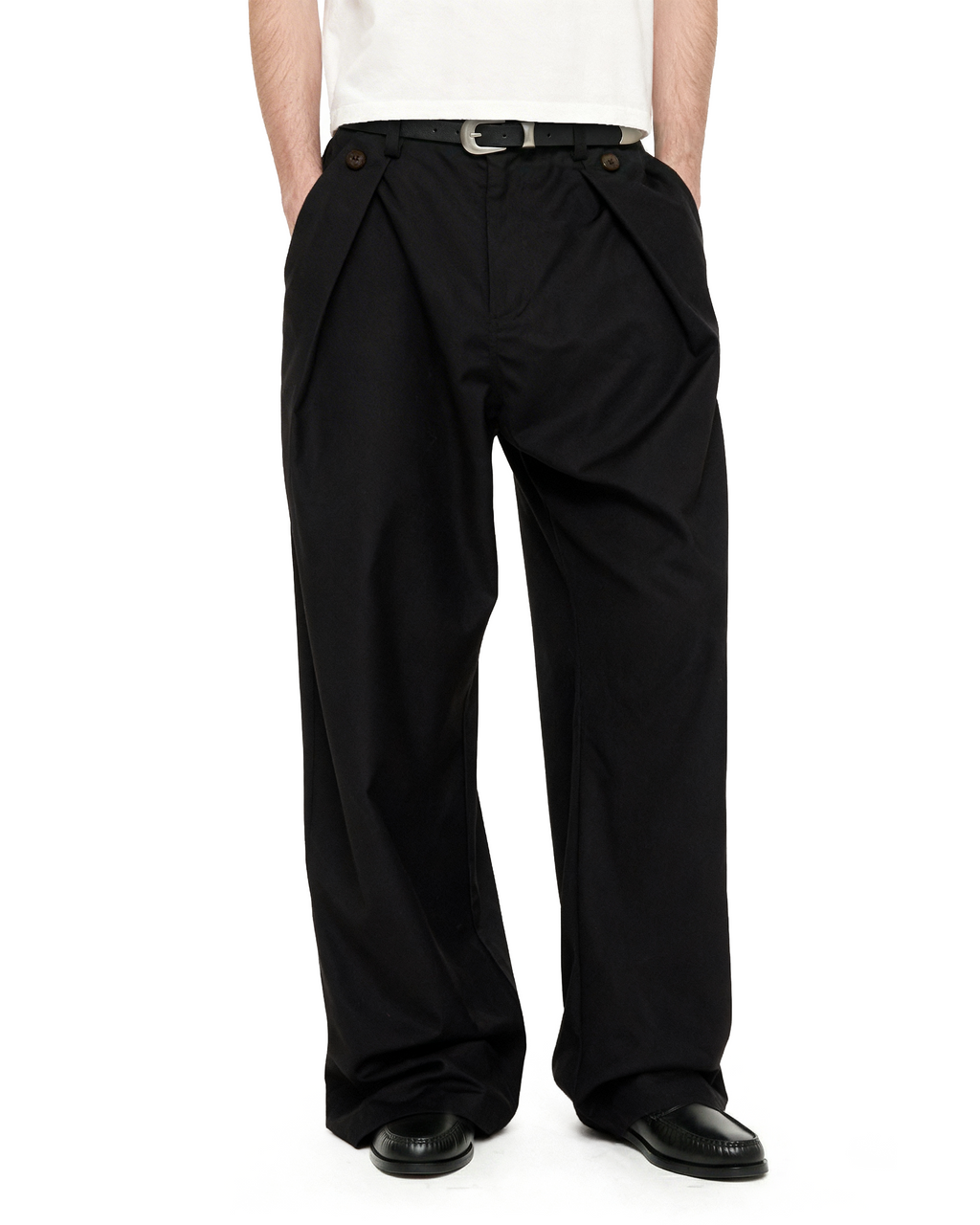 Wide Leg Pleated Pants with Side Overlay Button Panels