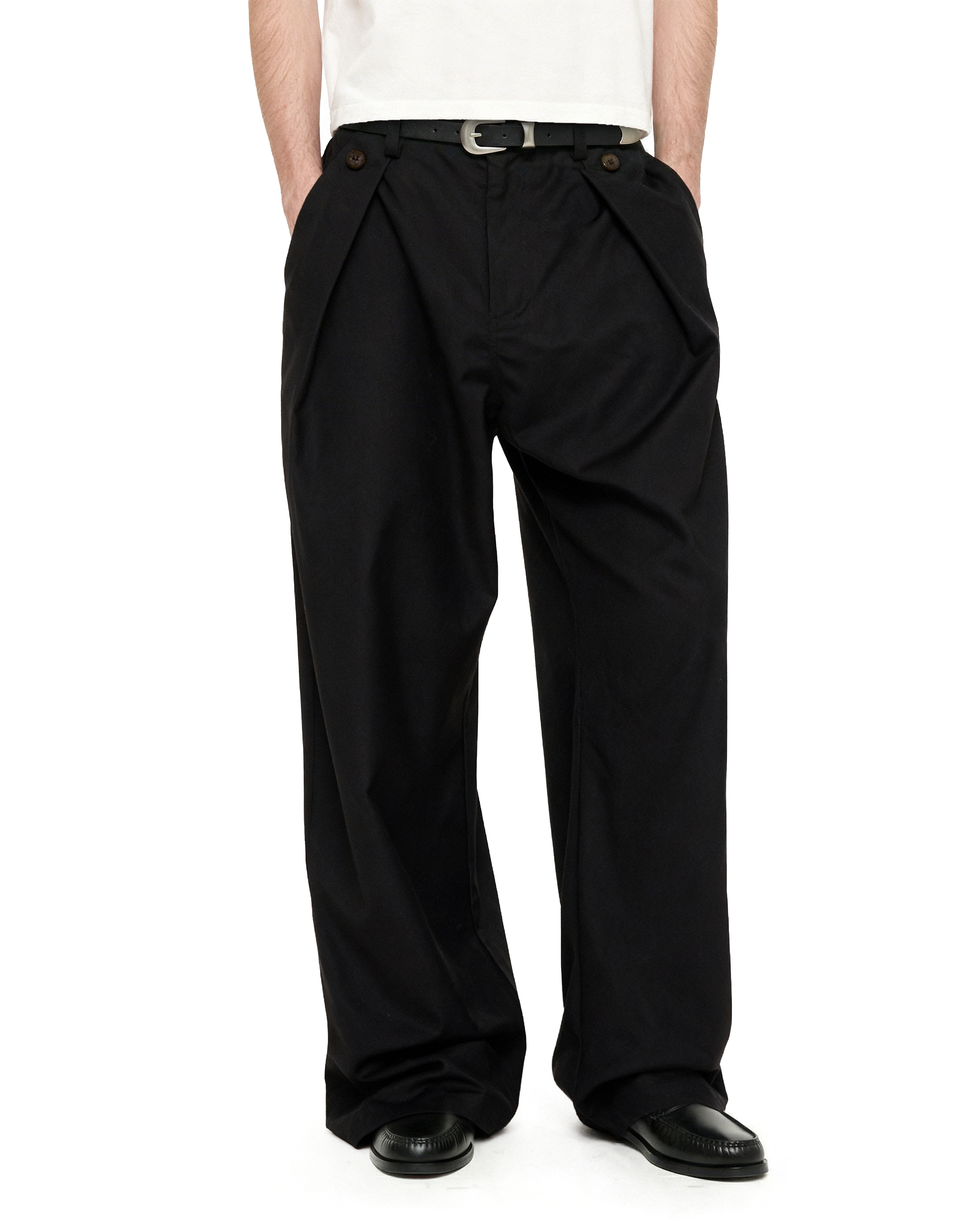 Wide Leg Pleated Pants with Side Overlay Button Panels