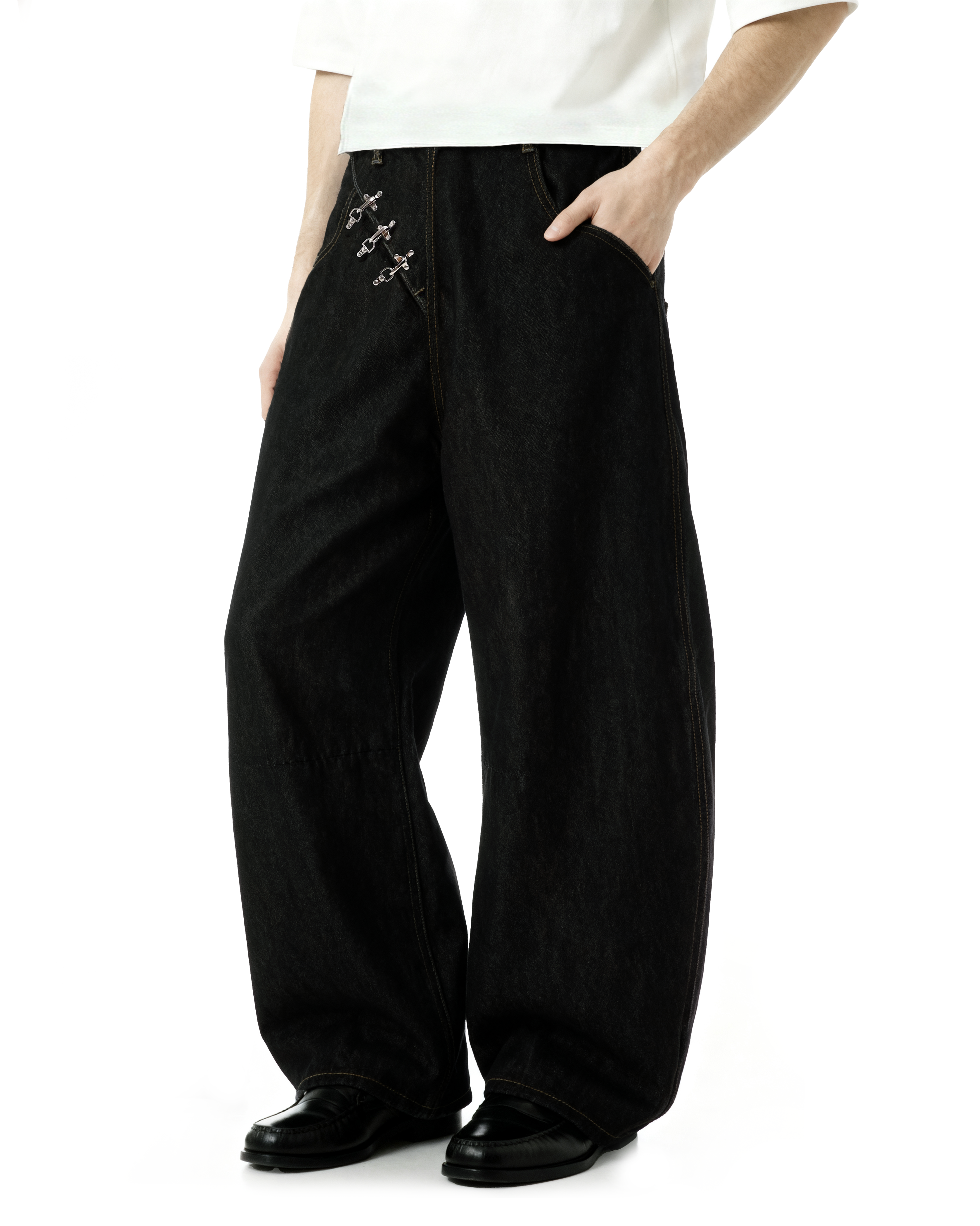Contrast Stitch Wide Leg Jeans with Diagonal Fireman Buckles