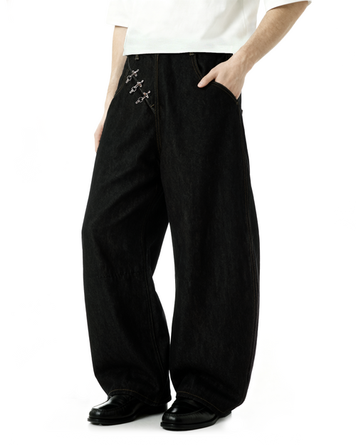Contrast Stitch Wide Leg Jeans with Diagonal Fireman Buckles