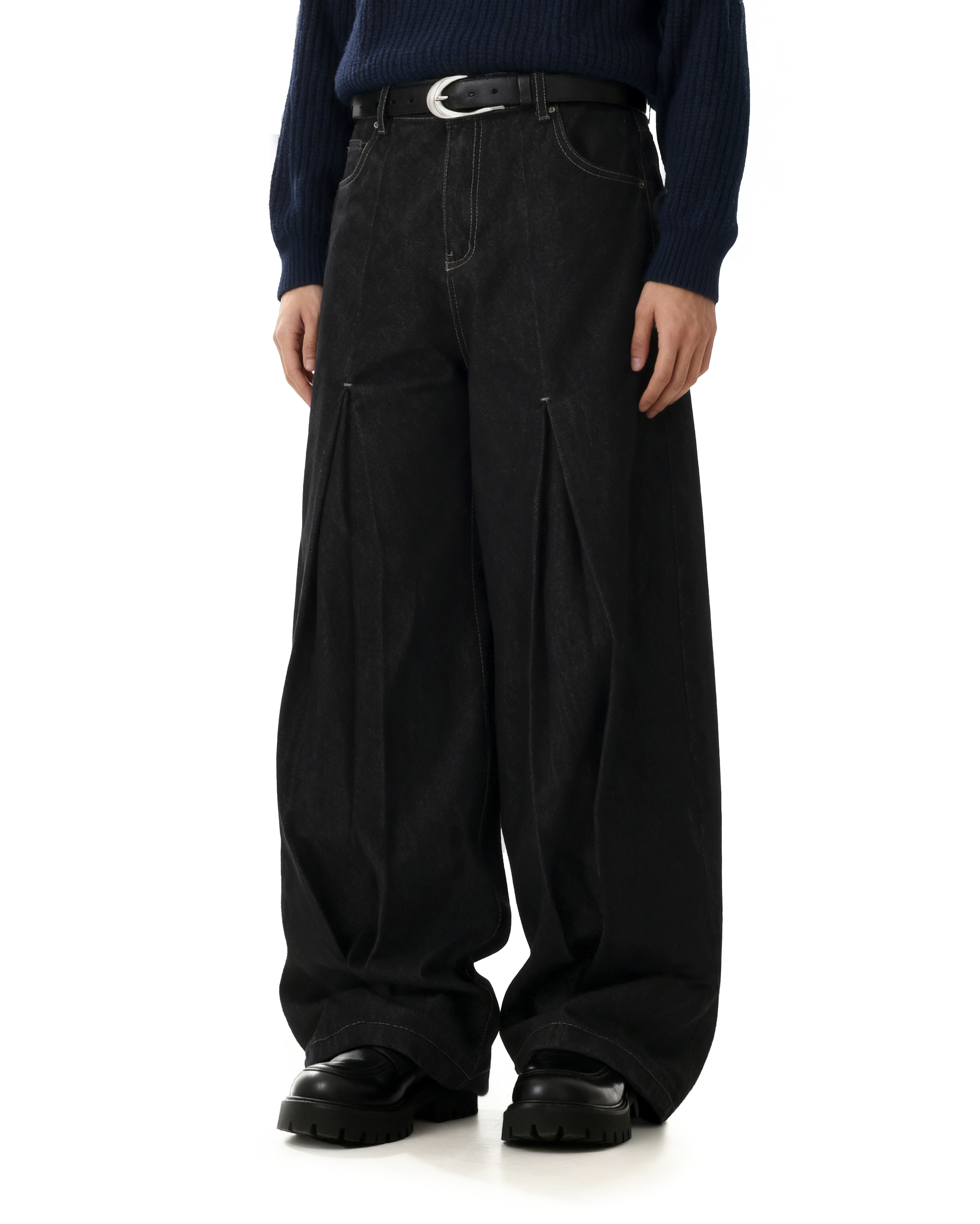 Half-Pleated Dark Wash Contrast Stitch Wide Jeans