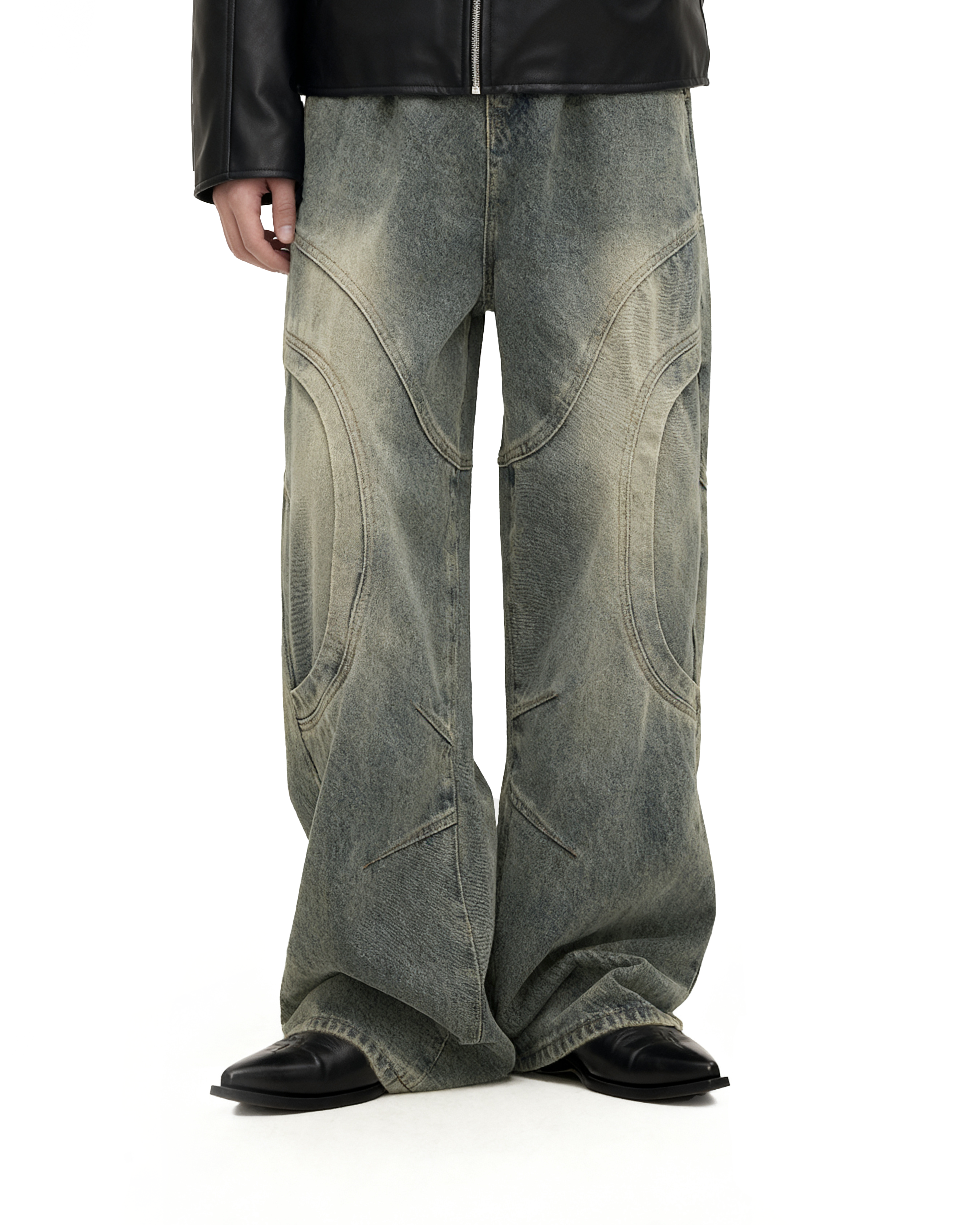 Vintage Sand Wash Wide-Leg Jeans with Stitch Detail