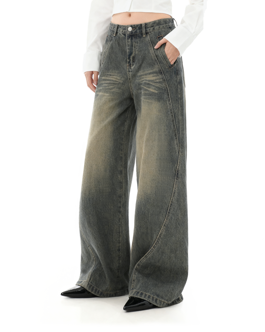 Sandblast Wide-Leg Jeans with Stitch Detail