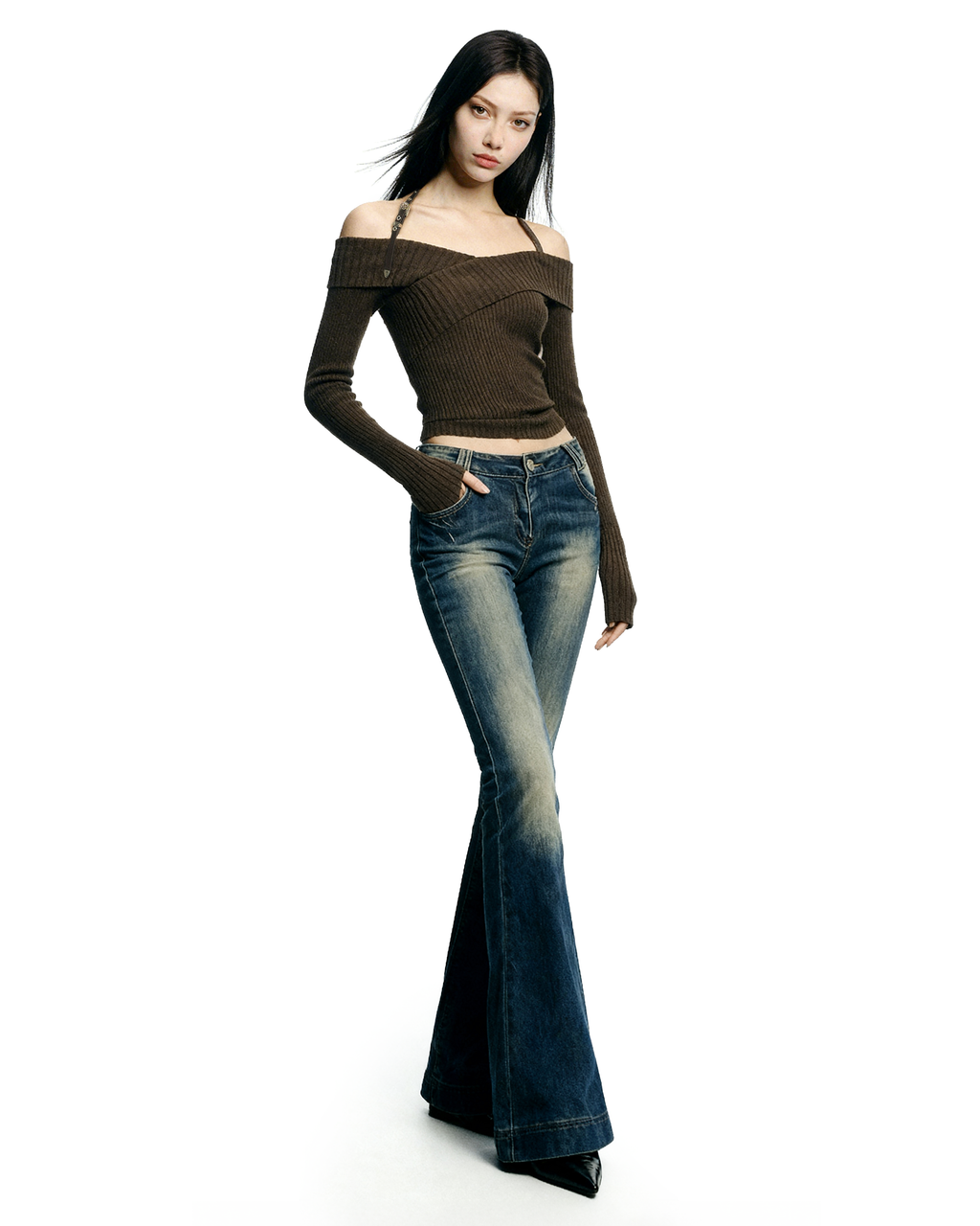 Halter Neck Ribbed Knit Long Sleeve Top