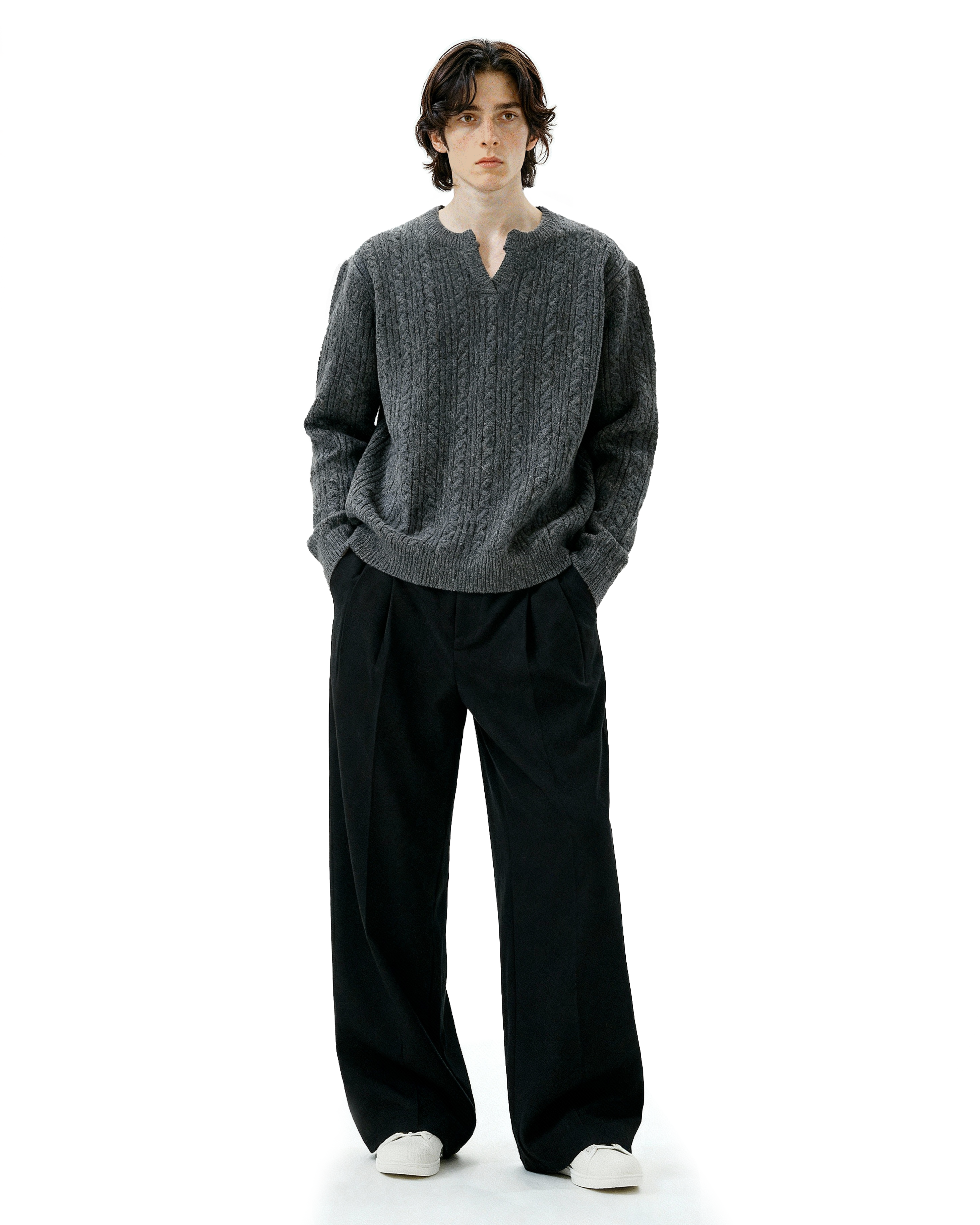 Cable Knit Notch-Neck Henley Pullover