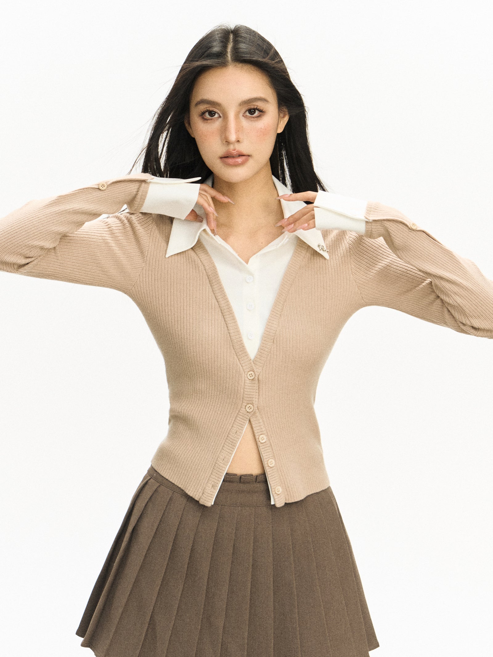 Mock Two-Piece Collared Knit Cardigan
