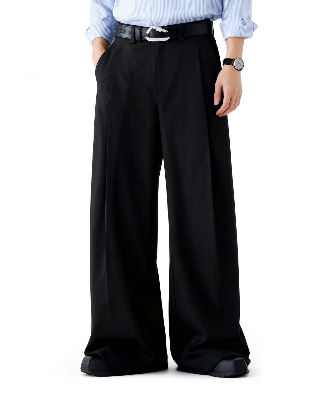 Wide Leg Tailored Trousers with Fold-Over Pleat