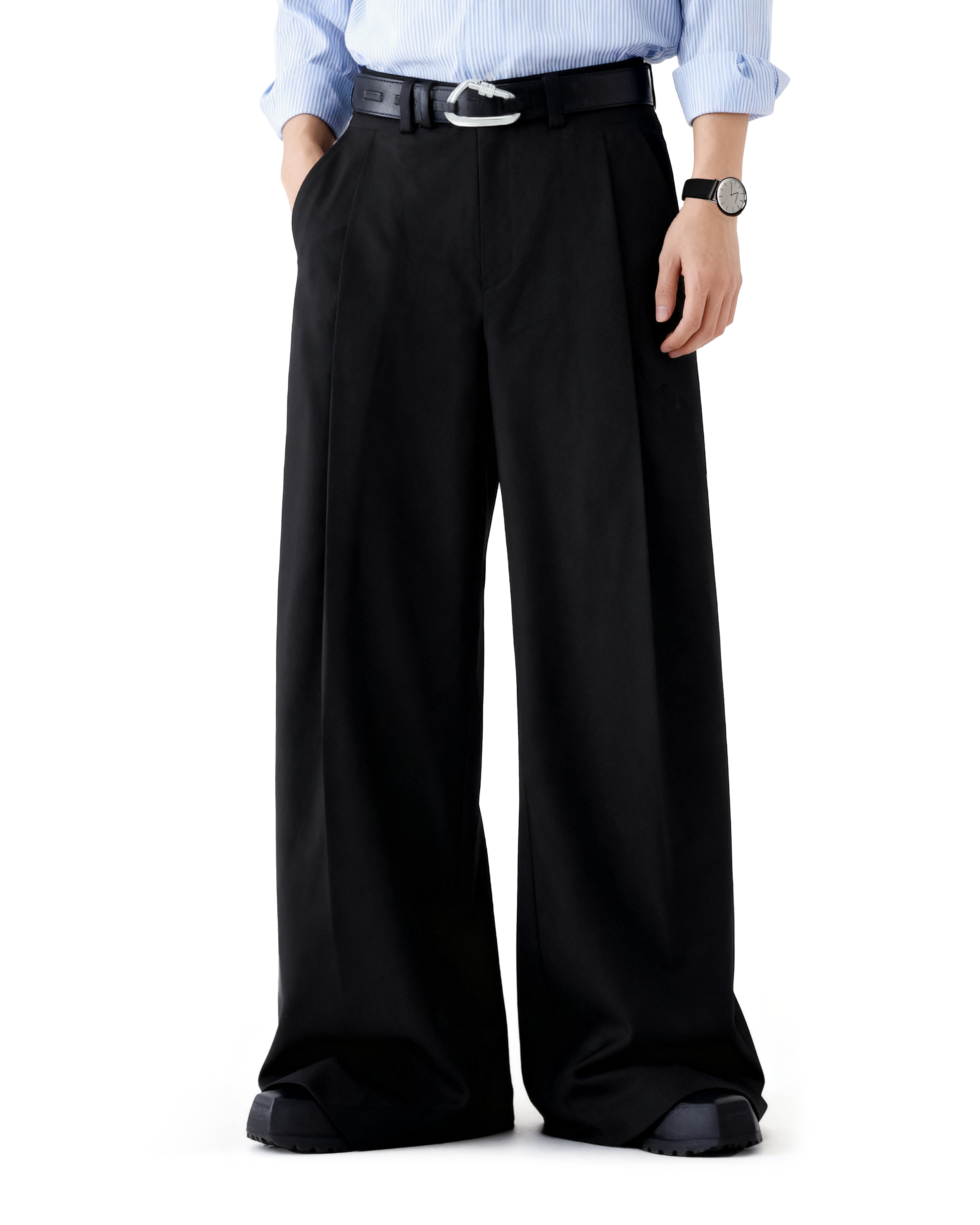 Wide Leg Tailored Trousers with Fold-Over Pleat