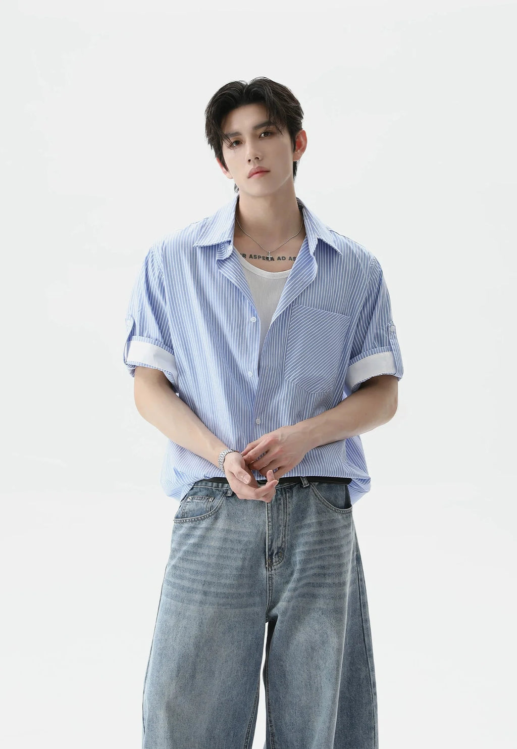 Pinstripe Contrast Short Sleeve Trim Button Shirt