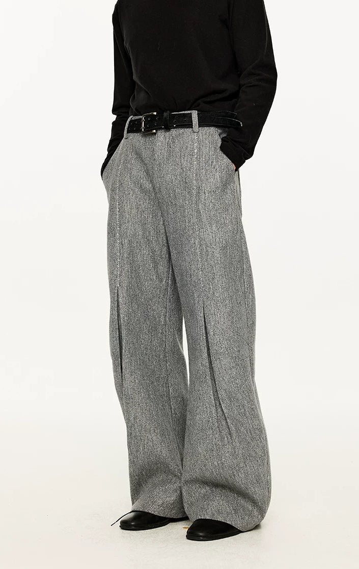 Wide Leg Half-Pleated and Half Contrast Stitch Trousers