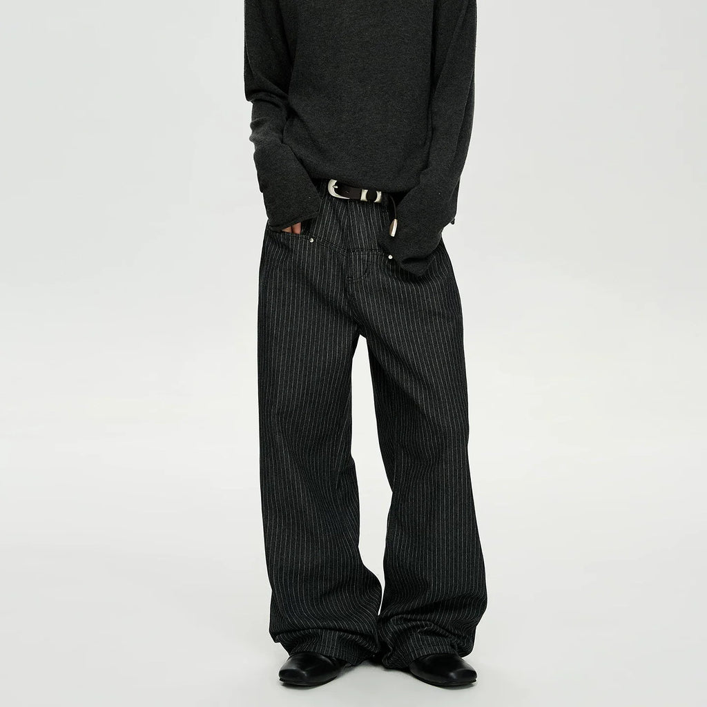 Rivet-Detail Pinstripe Wide Leg Pleated Trousers