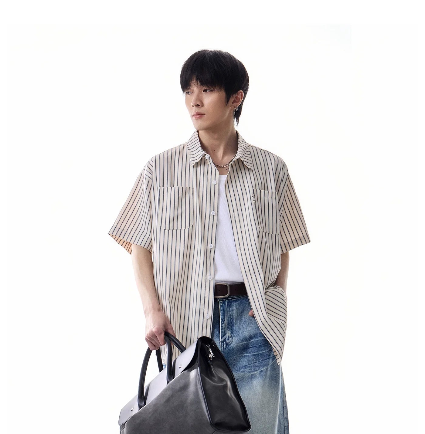 Oversized Stripe Short Sleeve Button Shirt with Chest Pockets