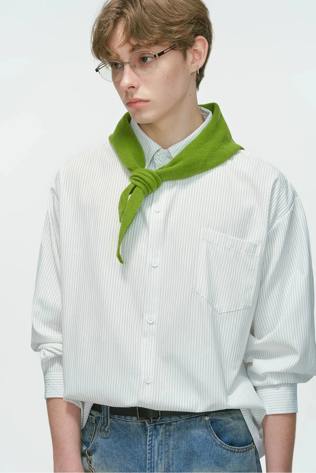 Drop Shoulder Pinstripe Long Sleeve Button-Up Shirt