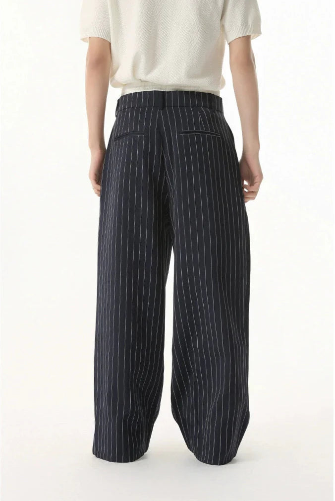Mock Two-Piece Pinstripe Wide Leg Trousers with Elastic Waist