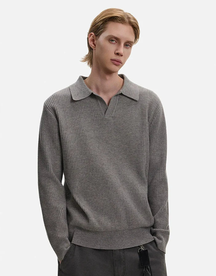 Waffle Textured Long Sleeve Polo Shirt