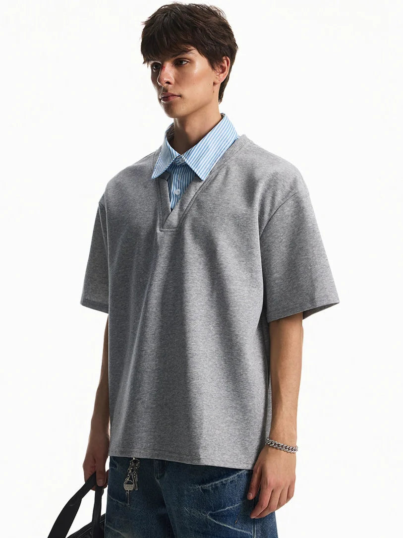 Mock Layered Contrast Collar Short Sleeve Shirt