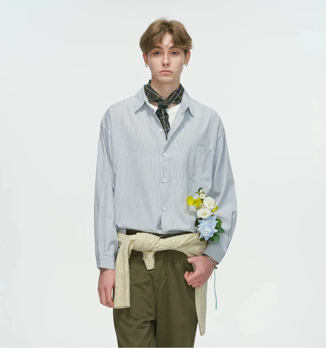 Drop Shoulder Pinstripe Long Sleeve Button-Up Shirt