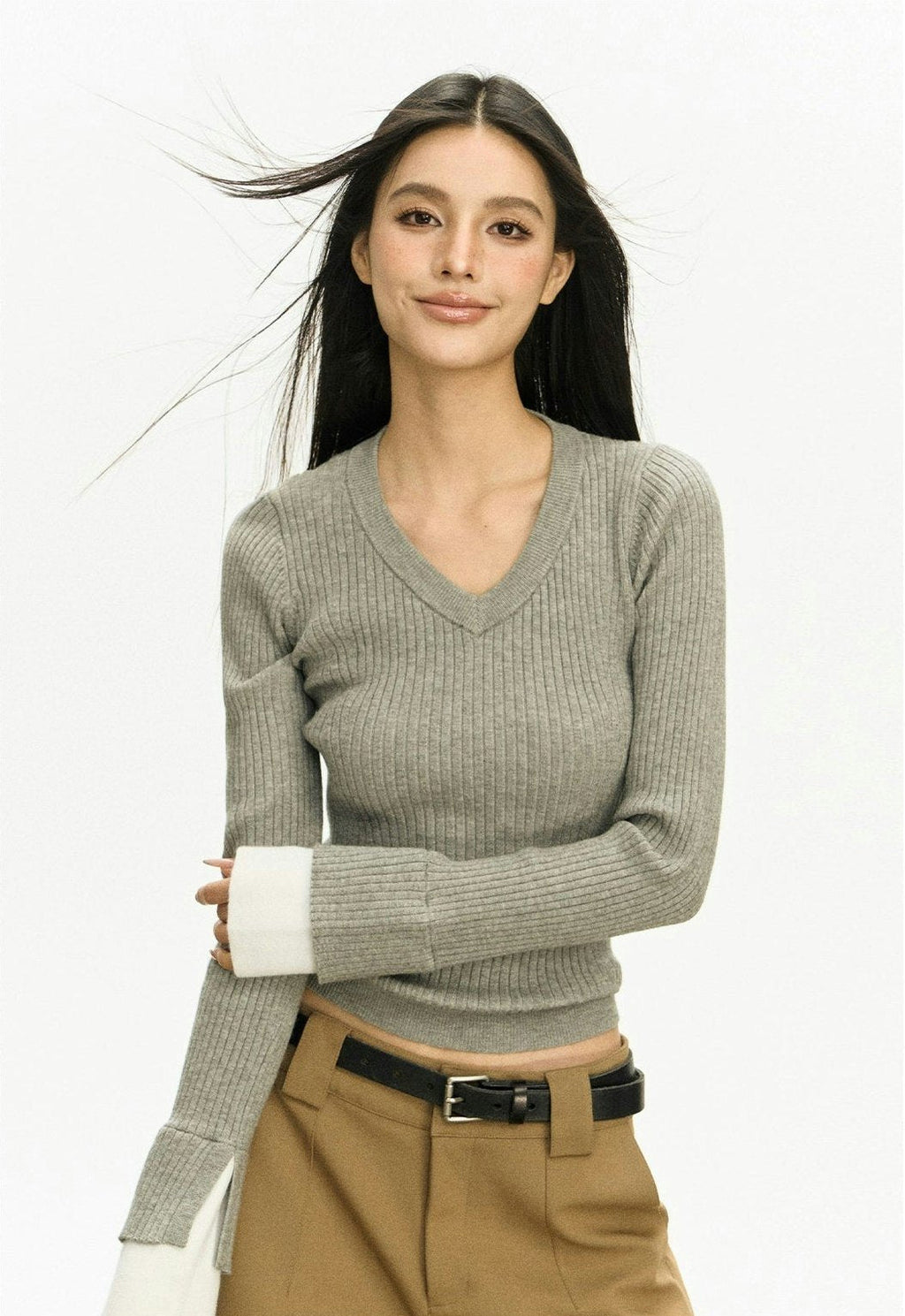 Ribbed V-Neck Two Tone Long Sleeve Knit Top
