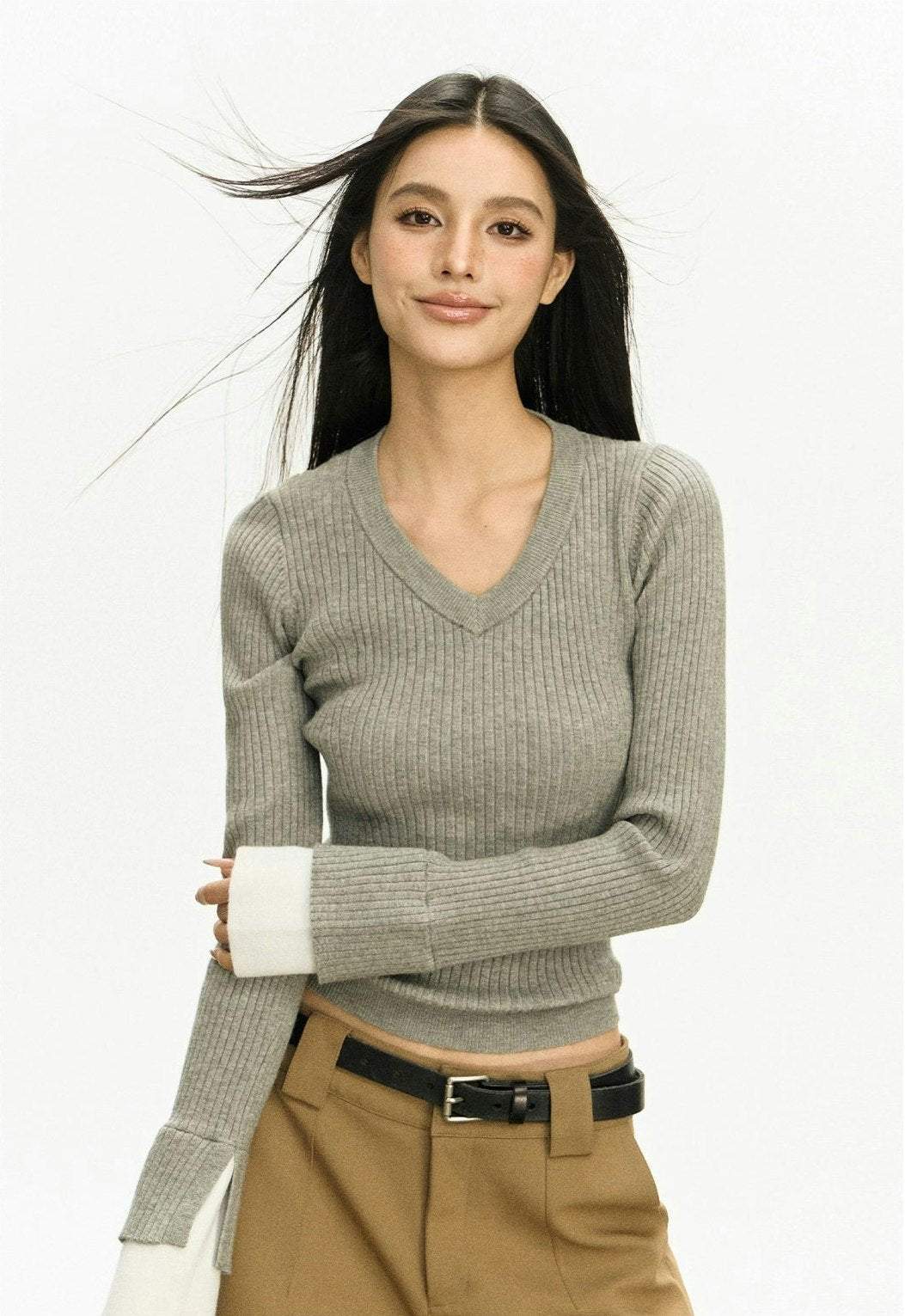 Ribbed V-Neck Two Tone Long Sleeve Knit Top