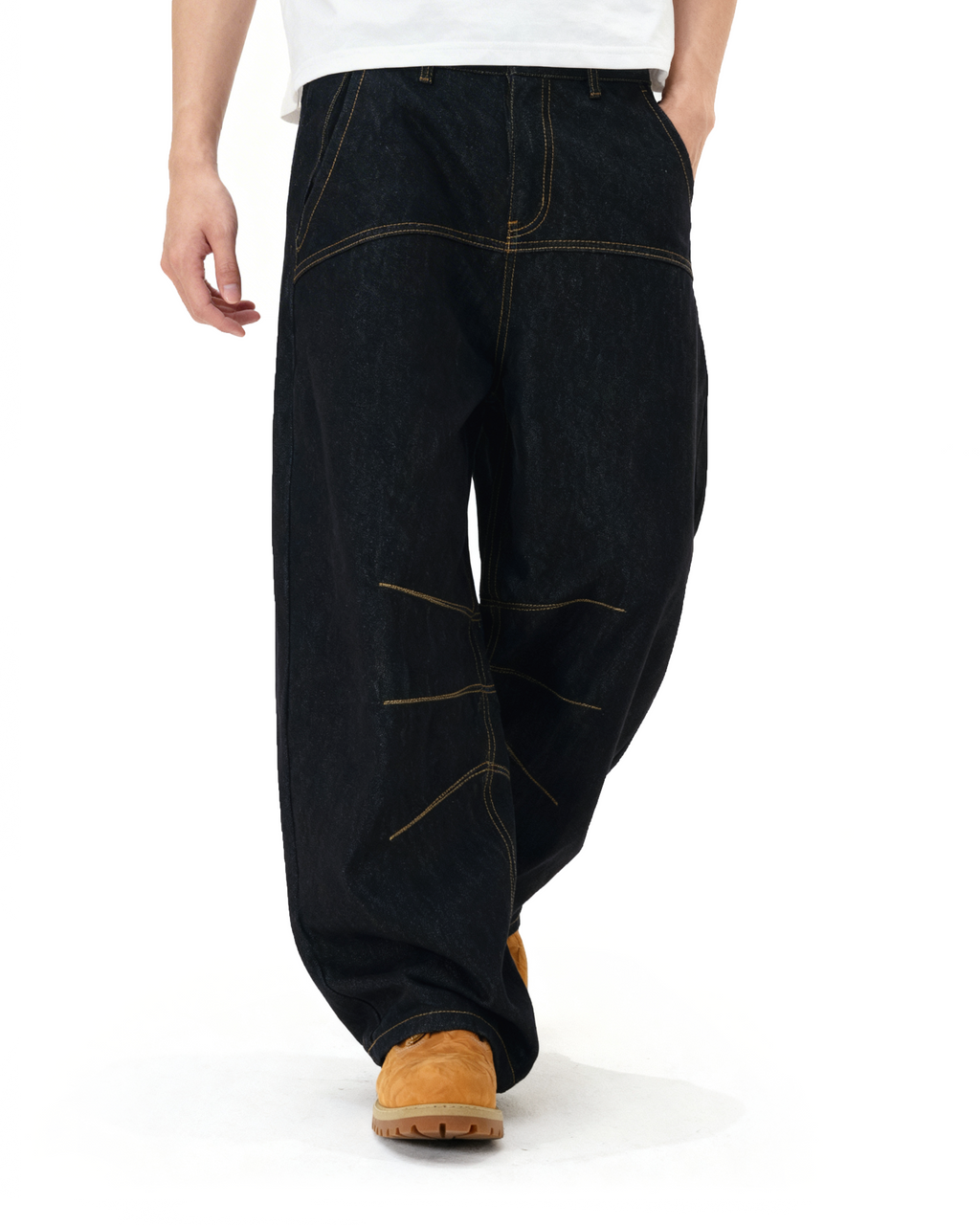 Wide Leg Contrast Stitch Detail Denim Jeans
