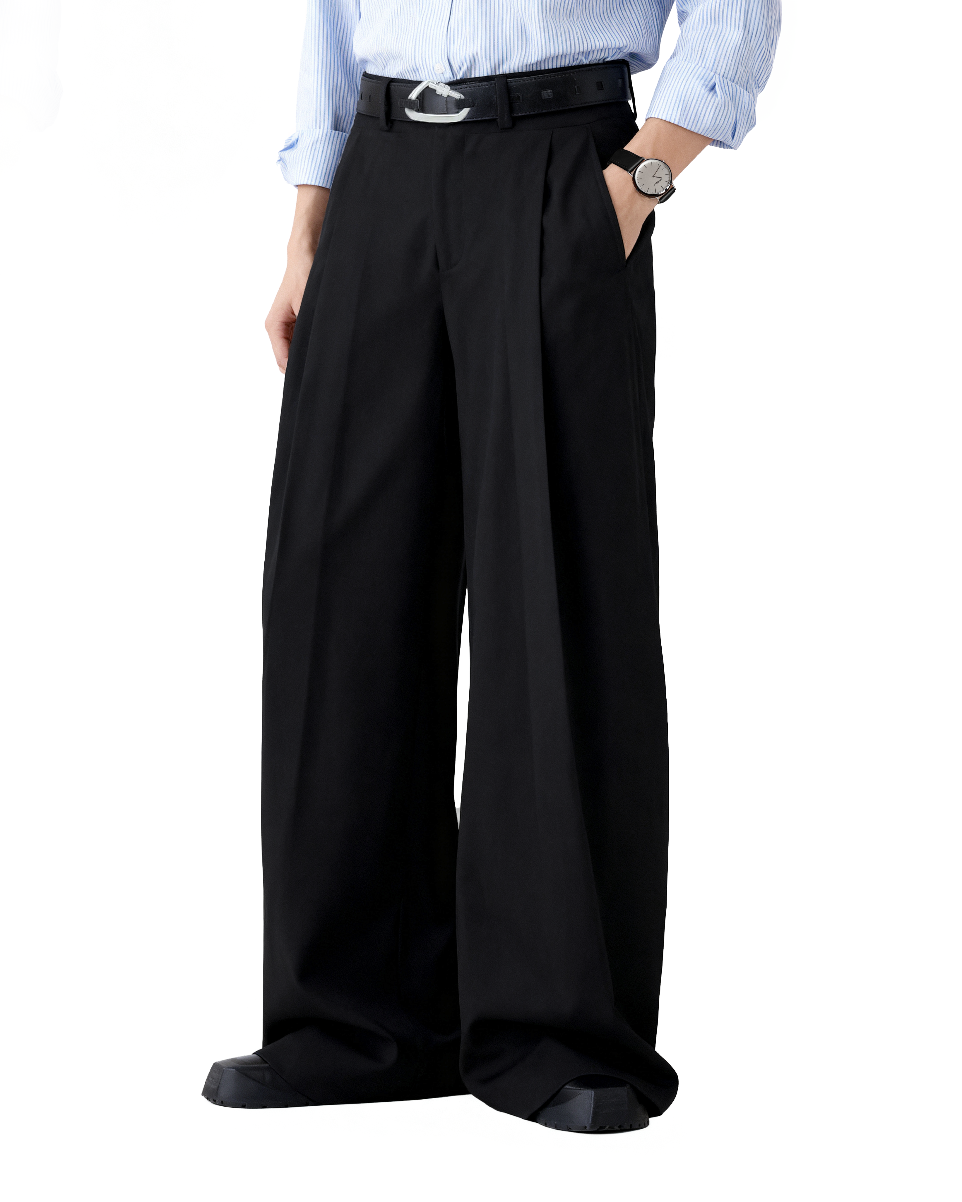 Wide Leg Tailored Trousers with Fold-Over Pleat