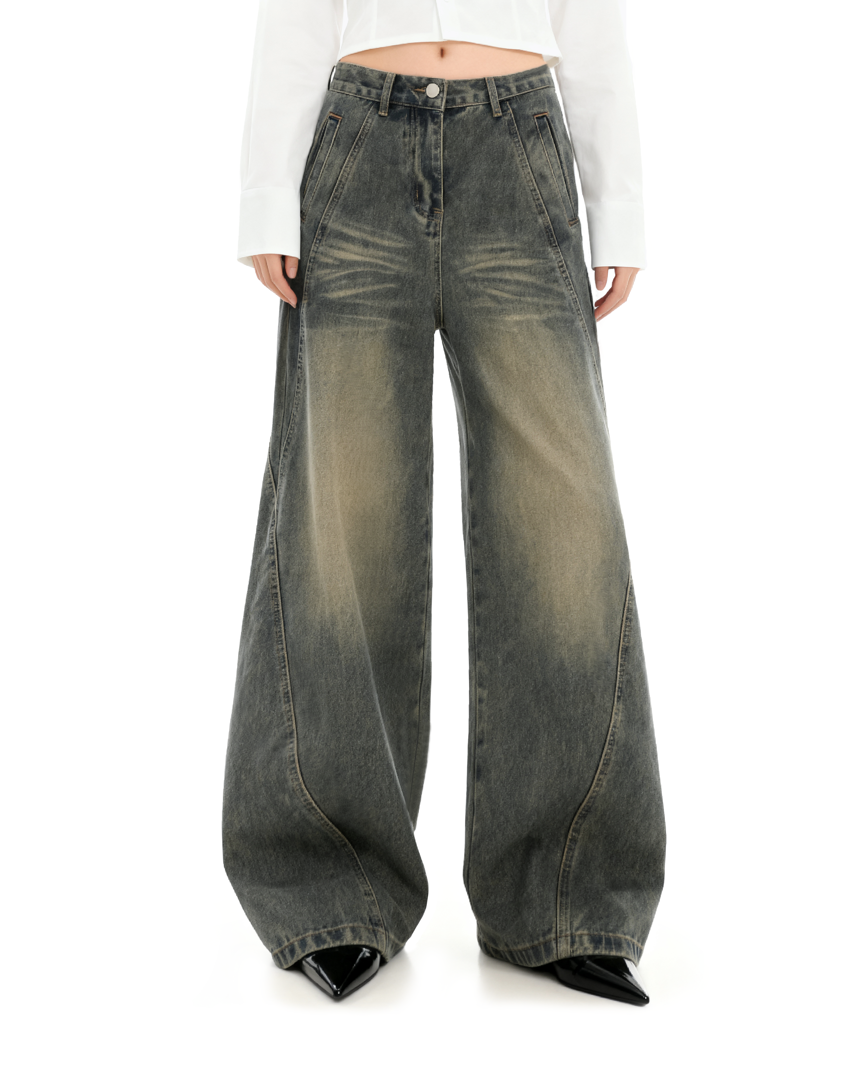 Sandblast Wide-Leg Jeans with Stitch Detail