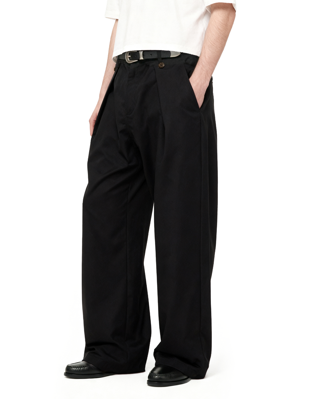 Wide Leg Pleated Pants with Side Overlay Button Panels