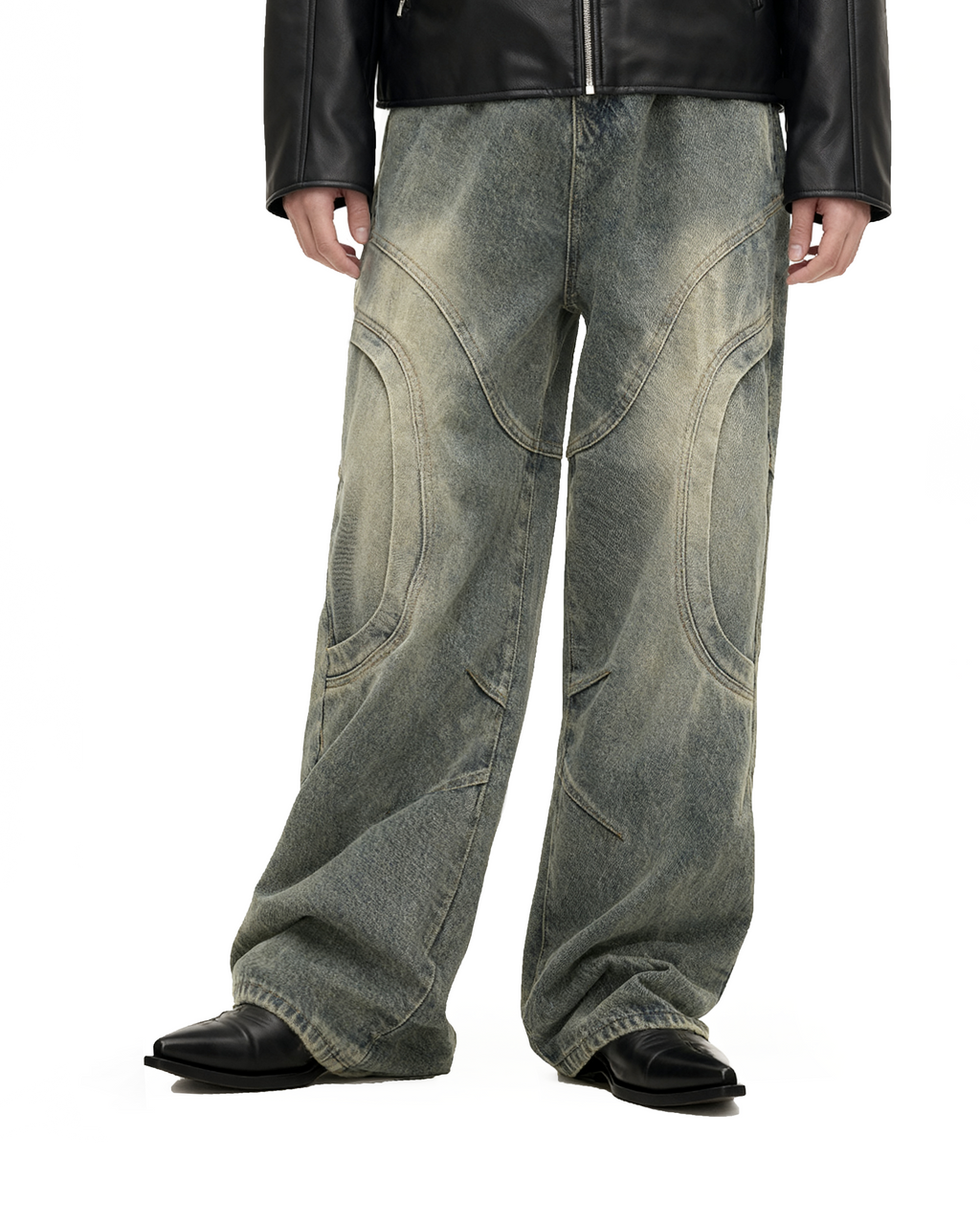 Vintage Sand Wash Wide-Leg Jeans with Stitch Detail