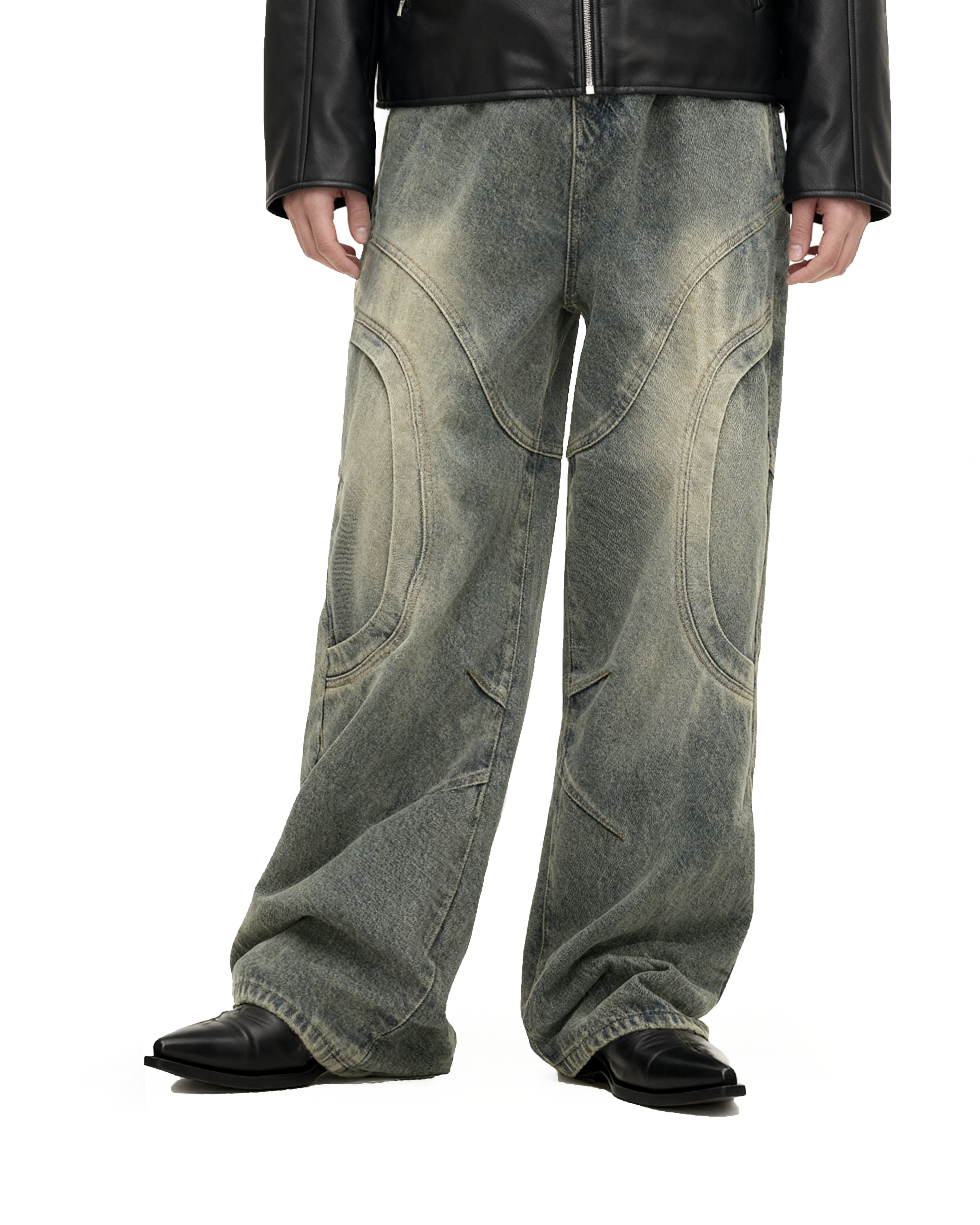 Vintage Sand Wash Wide-Leg Jeans with Stitch Detail