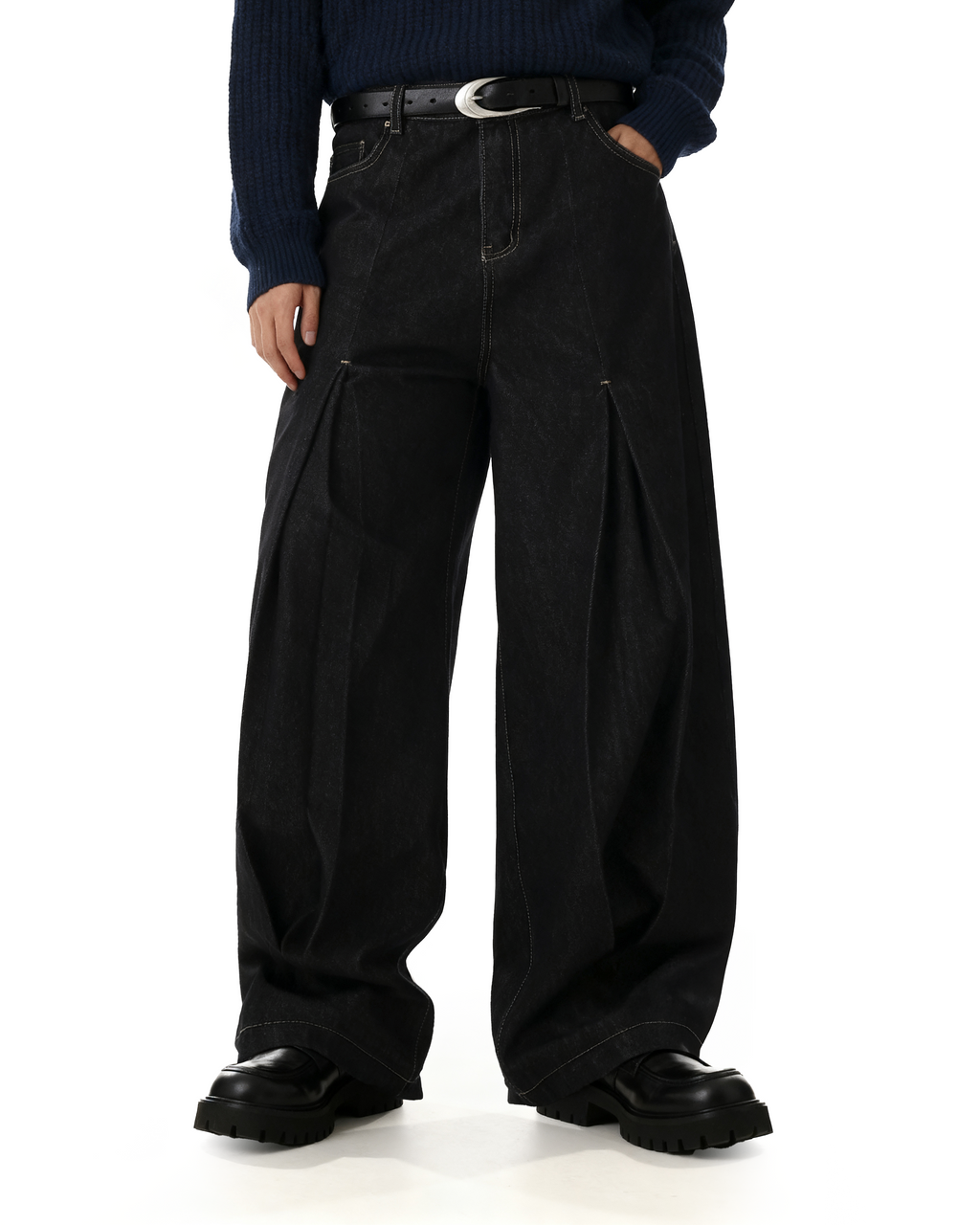 Half-Pleated Dark Wash Contrast Stitch Wide Jeans