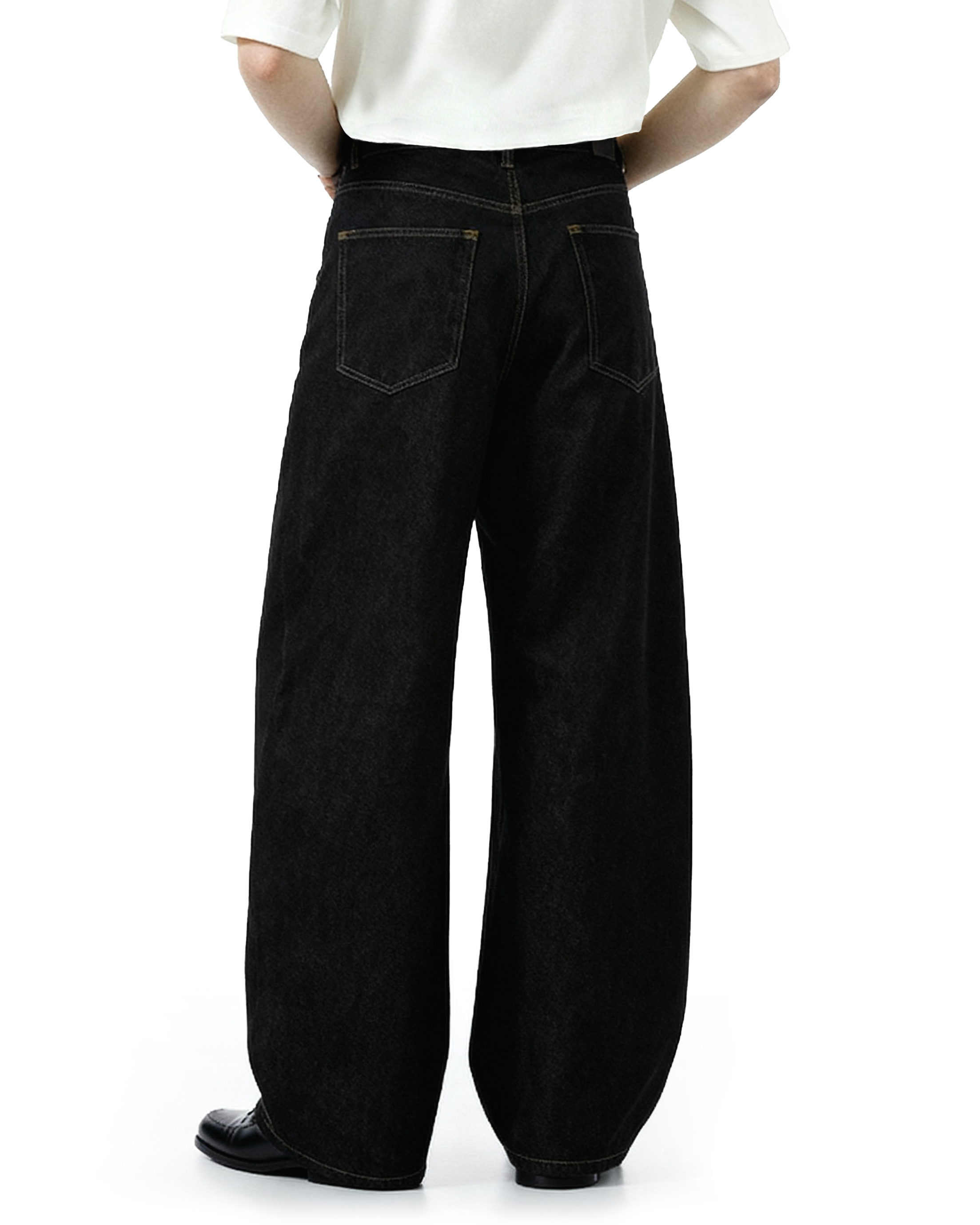 Contrast Stitch Wide Leg Jeans with Diagonal Fireman Buckles