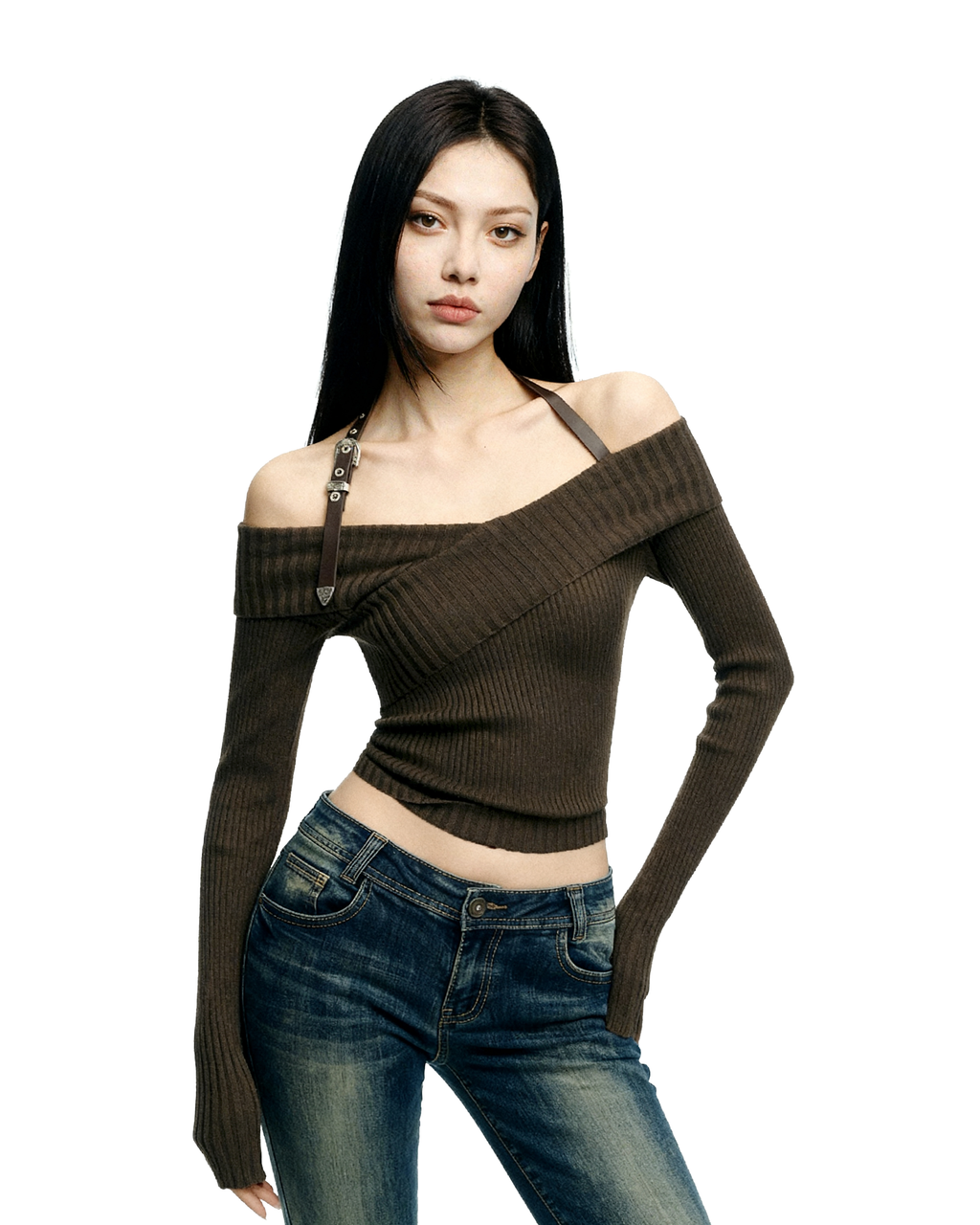 Halter Neck Ribbed Knit Long Sleeve Top
