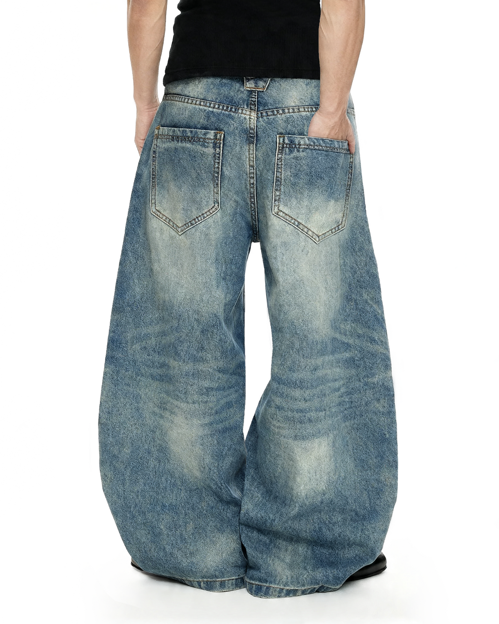 Fireman Buckle Crotch Wide Leg Vintage Wash Denim Jeans