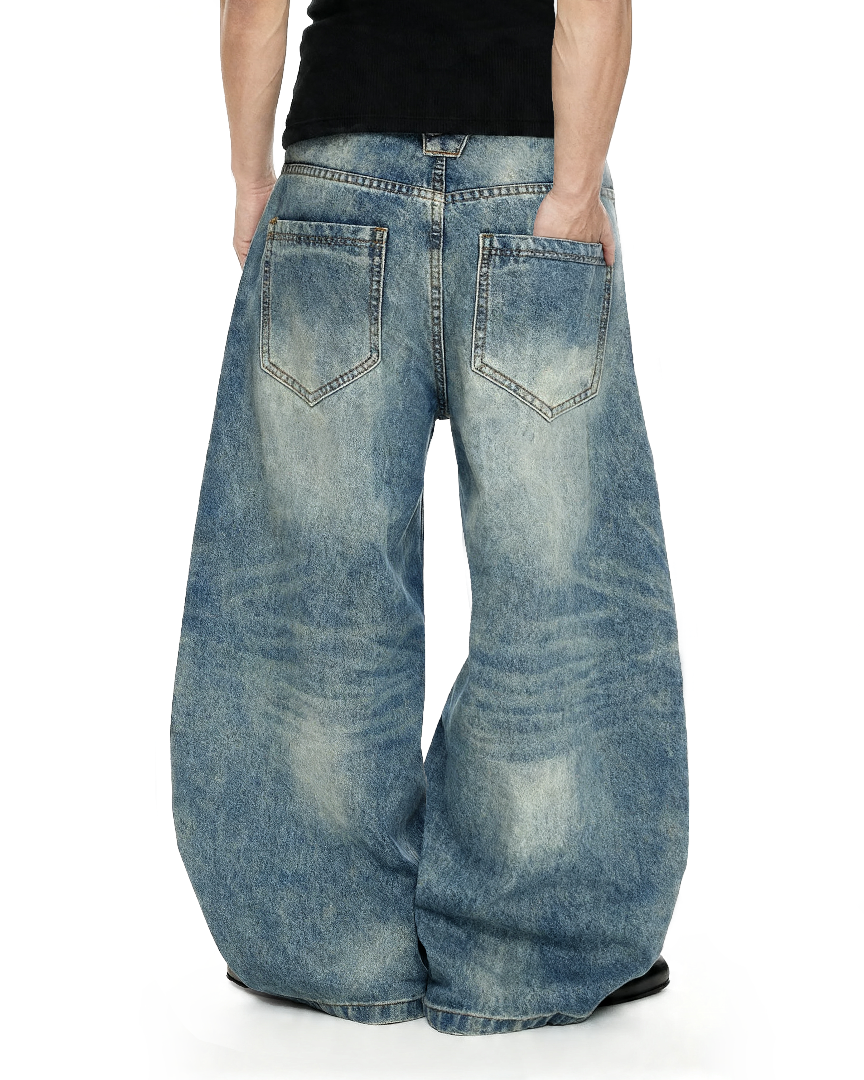 Fireman Buckle Crotch Wide Leg Vintage Wash Denim Jeans