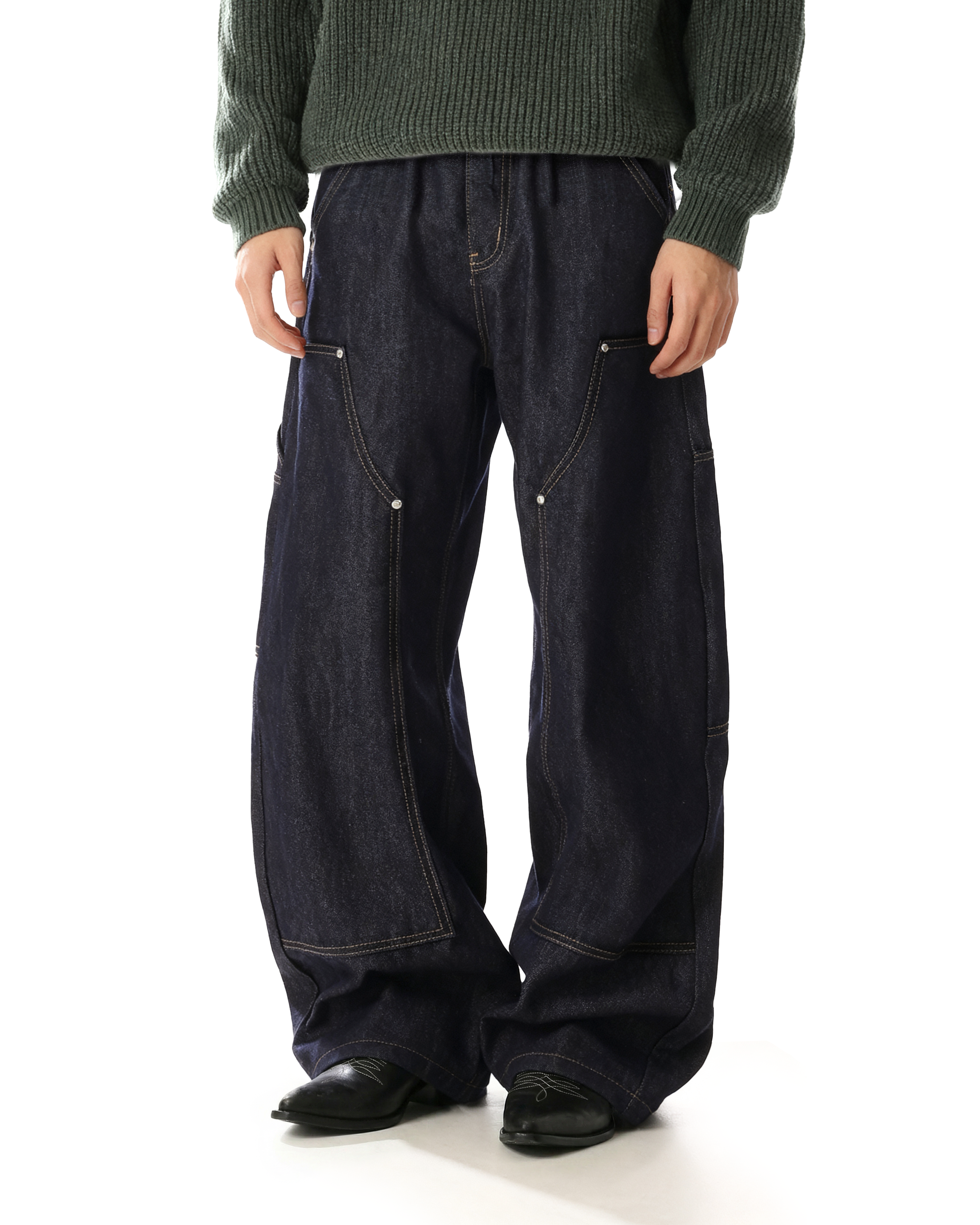 Rivet Detail Wide Leg Contrast Stitch Utility Jeans