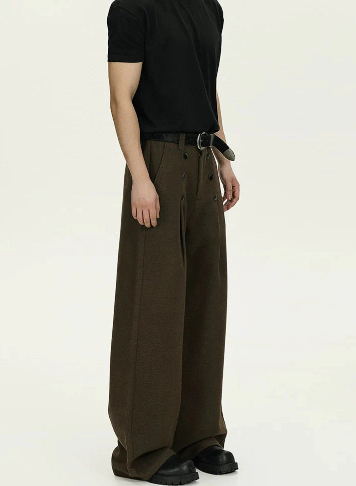 High-Waisted Pleated Wide Leg Trousers with Button Details